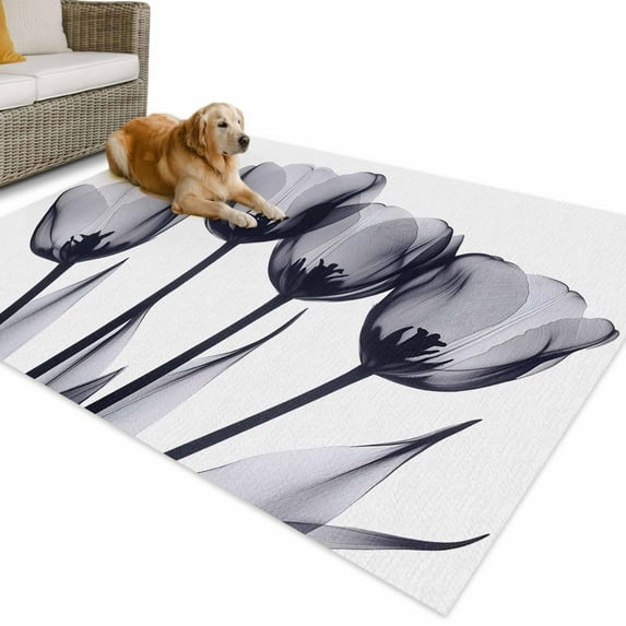 Outdoor Rug 5x8 ft Gray Tulip Floral Waterproof Outdoor Patio Rug Mat Non Slip Outside Area Rugs Carpet for RV,Camping,Porch,Deck,Pool,Balconybackyard,Watercolor Flowers