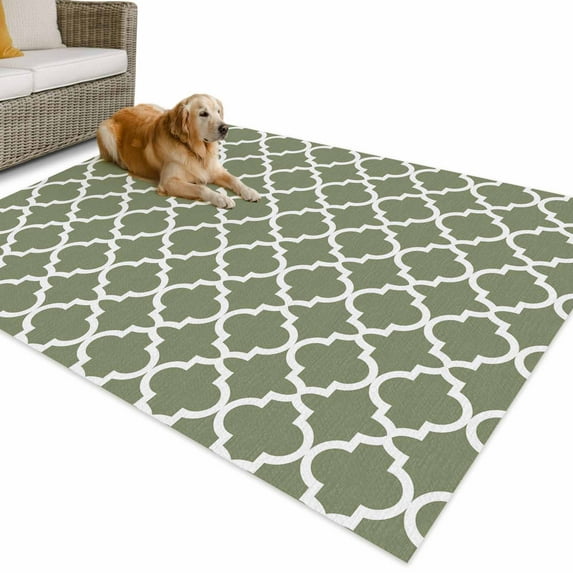 Outdoor Rug 5x8 ft Moss Green White Geometric Waterproof Outdoor Patio Rug Mat Non Slip Outside Area Rugs Carpet for RV,Camping,Porch,Deck,Pool,Balconybackyard,Minimalist Morocco Pattern