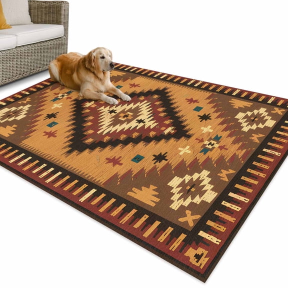 Outdoor Rug 5x8 ft Retro Boho Waterproof Outdoor Patio Rug Mat Non Slip Outside Area Rugs Carpet for RV,Camping,Porch,Deck,Pool,Balconybackyard,Aztec Southwest Tribal Floral Pattern Brown