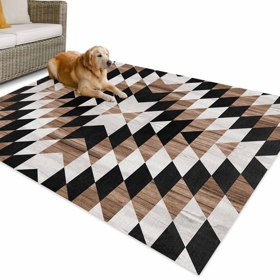 Outdoor Rug 5x8 ft Rustic Boho Waterproof Outdoor Patio Rug Mat Non Slip Outside Area Rugs Carpet for RV,Camping,Porch,Deck,Pool,Balconybackyard,Southwestern Aztec Tribal Wood Texture Brown