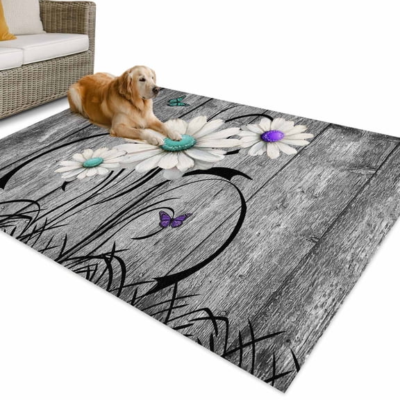 Outdoor Rug 5x8 ft Rustic Daisy Waterproof Outdoor Patio Rug Mat Non Slip Outside Area Rugs Carpet for RV,Camping,Porch,Deck,Pool,Balconybackyard,Teal Flowers Grey Wood Textured