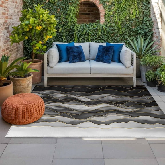 Outdoor Rug 5x8ft Abstract Beach Wace Large Area Rug Geometric Black Indoor Outdoor Carpet Outdoor Rugs Mats for Patio Camping,RV,Front Door, Outside Decor