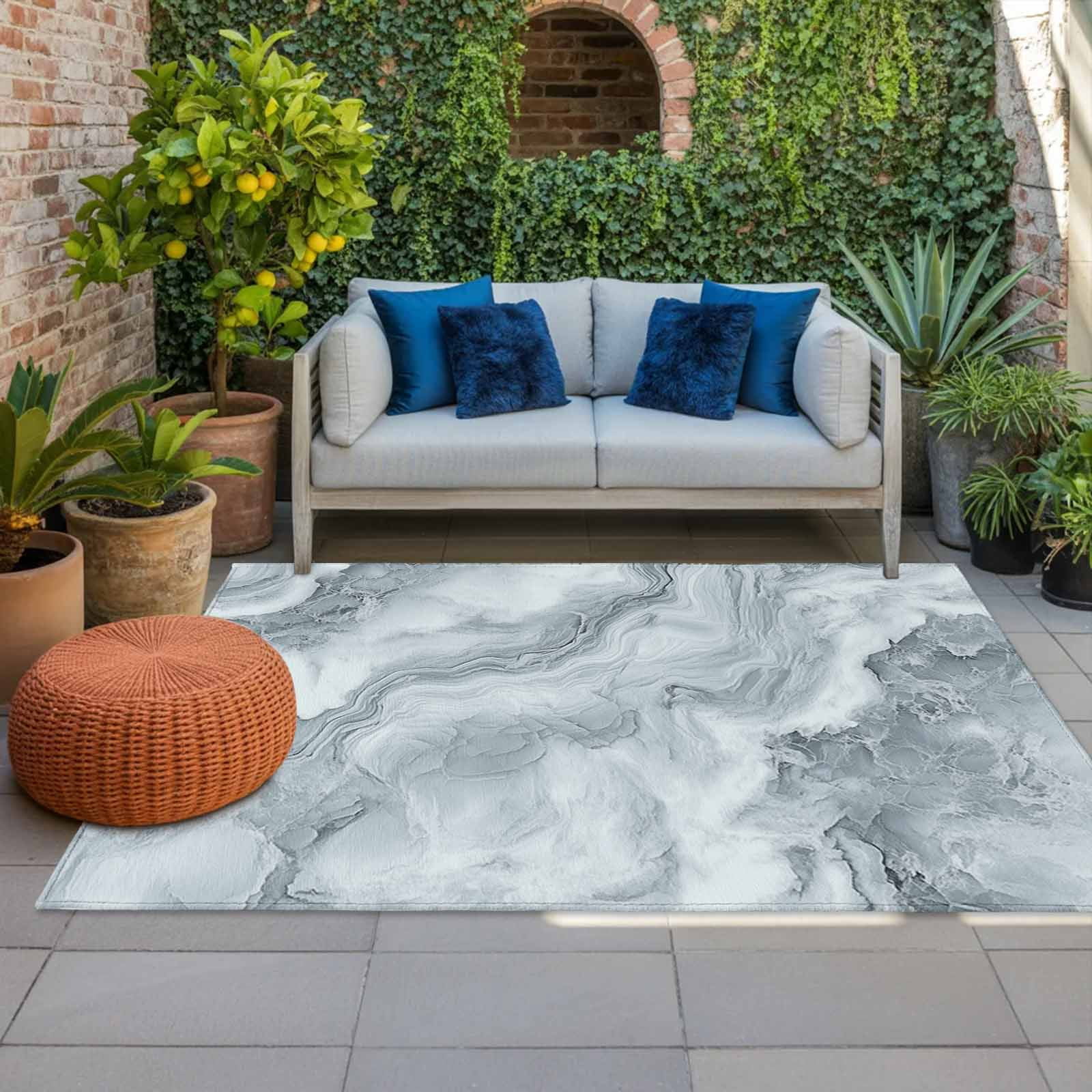 Outdoor Rug 5x8ft Abstract Gray White Marble Large Area Rug Wave Modern Art Indoor Outdoor Carpet Outdoor Rugs Mats for Patio Camping,RV,Front Door, Outside Decor