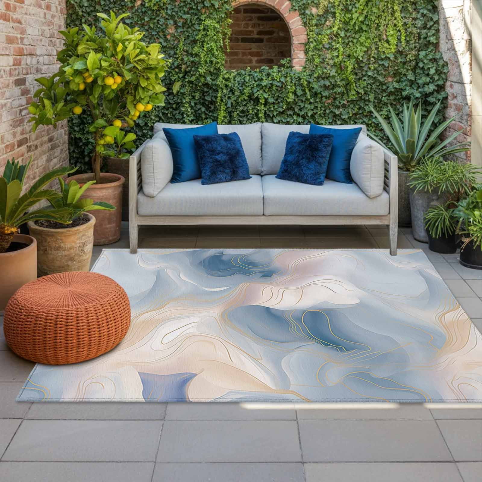 Outdoor Rug 5x8ft Abstract Marble Large Area Rug Ombre Blue Lines Indoor Outdoor Carpet Outdoor Rugs Mats for Patio Camping,RV,Front Door, Outside Decor