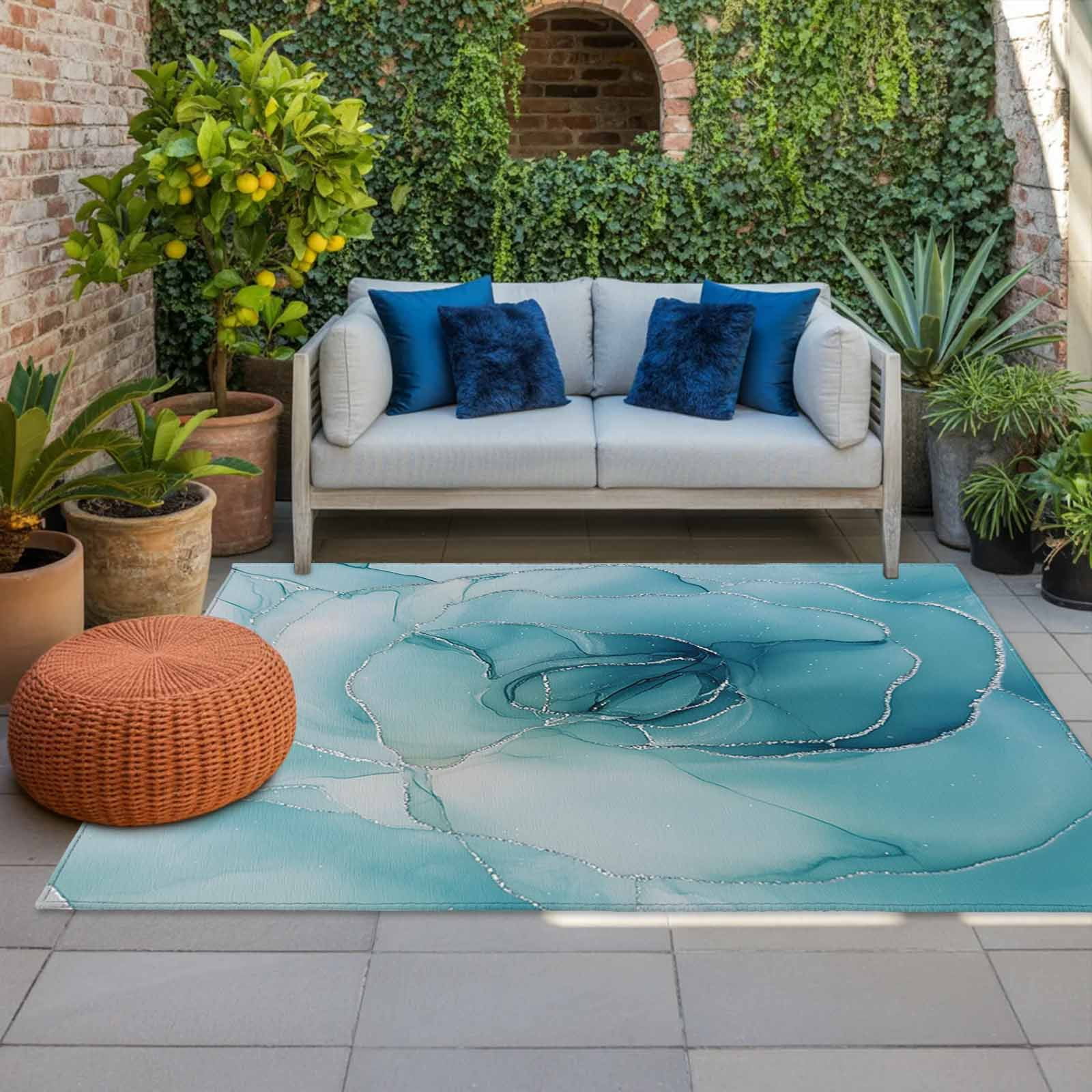 Outdoor Rug 5x8ft Abstract Ombre Blue Flowers Large Area Rug Modern Art Indoor Outdoor Carpet Outdoor Rugs Mats for Patio Camping,RV,Front Door, Outside Decor