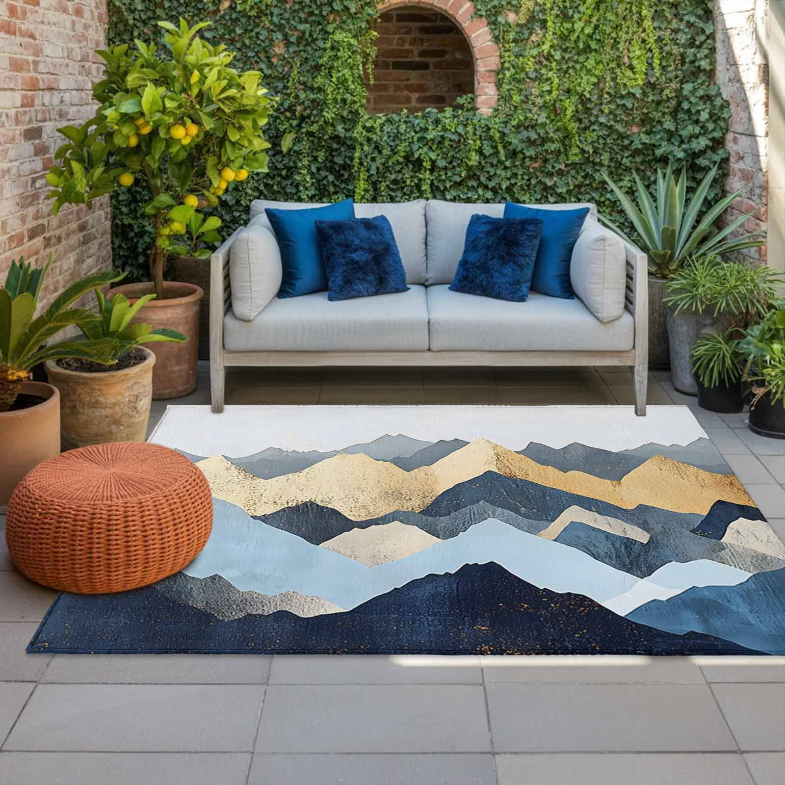 Outdoor Rug 5x8ft Abstract Ombre Blue Golden Mountain Large Area Rug Modern Art Indoor Outdoor Carpet Outdoor Rugs Mats for Patio Camping,RV,Front Door, Outside Decor