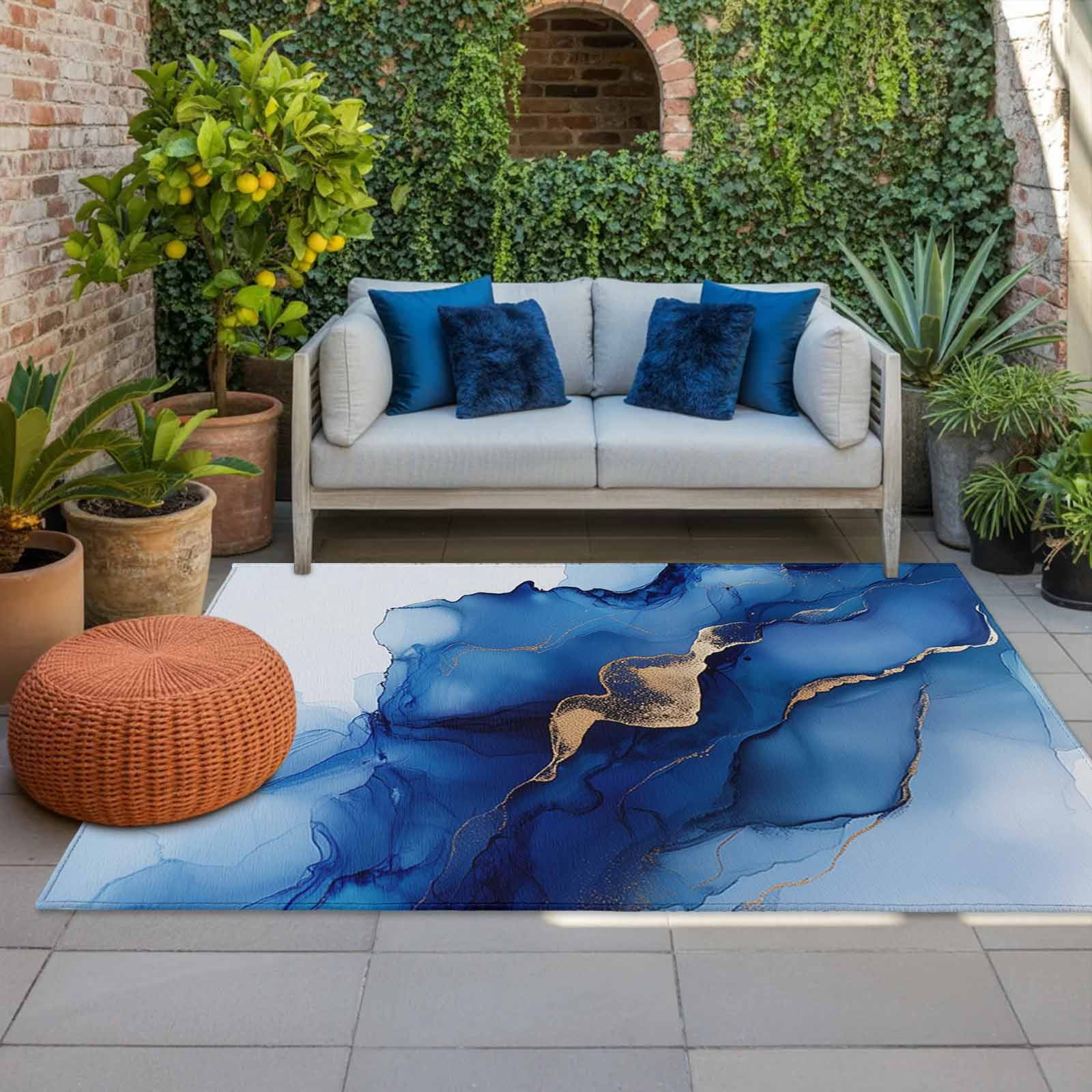 Outdoor Rug 5x8ft Abstract Ombre Blue Marble Large Area Rug White Modern Art Indoor Outdoor Carpet Outdoor Rugs Mats for Patio Camping,RV,Front Door, Outside Decor