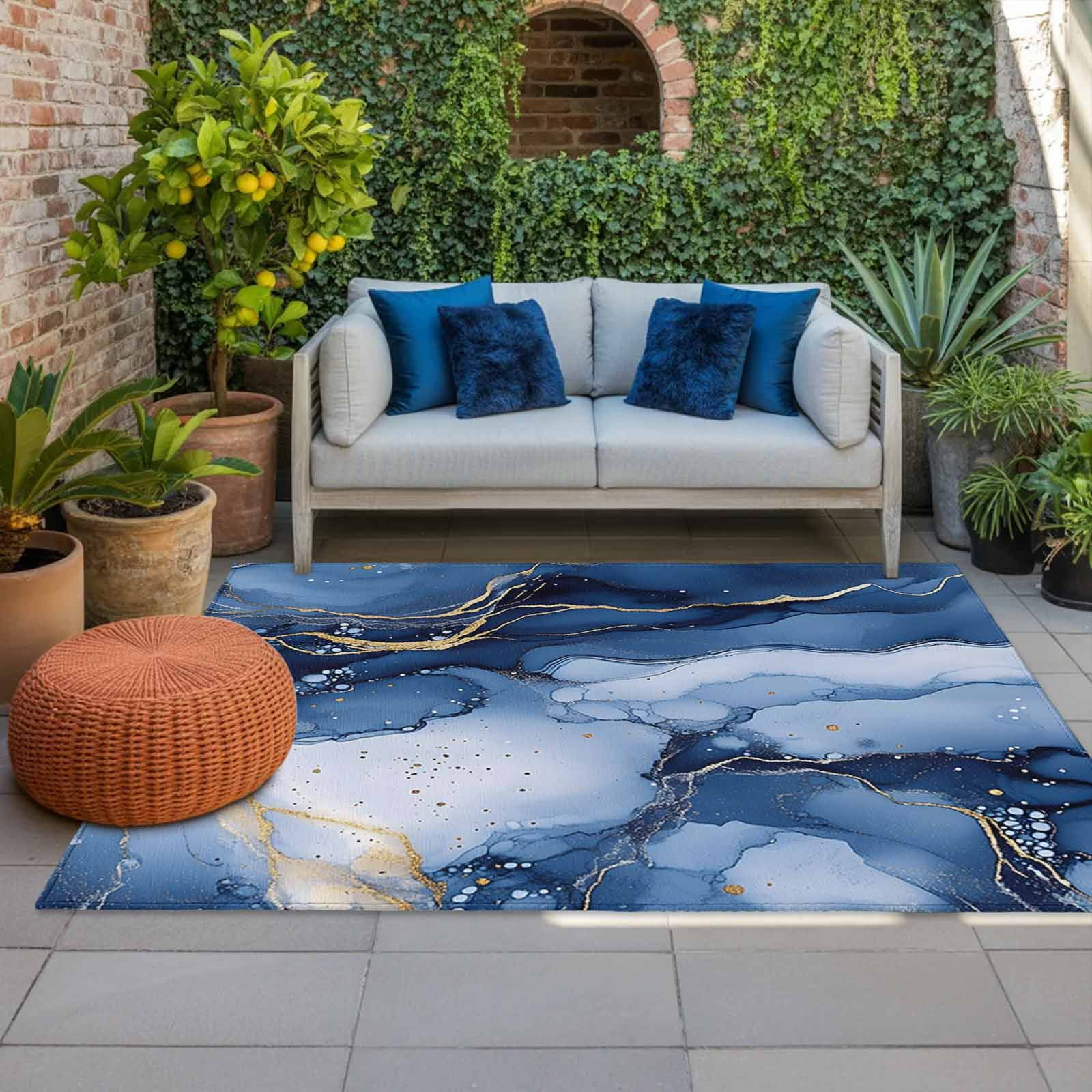 Outdoor Rug 5x8ft Abstract Ombre Blue Marble Texture Large Area Rug Modern Art Indoor Outdoor Carpet Outdoor Rugs Mats for Patio Camping,RV,Front Door, Outside Decor