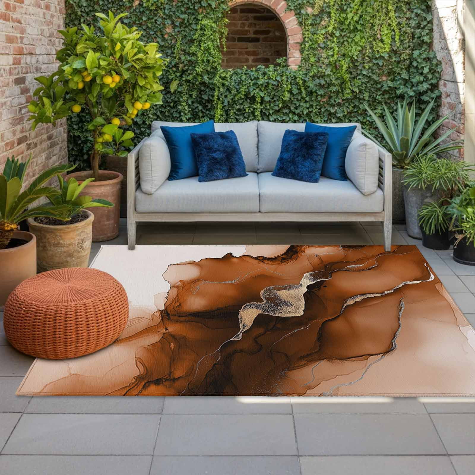 Outdoor Rug 5x8ft Abstract Ombre Chestnut Marble Large Area Rug White Modern Art Indoor Outdoor Carpet Outdoor Rugs Mats for Patio Camping,RV,Front Door, Outside Decor