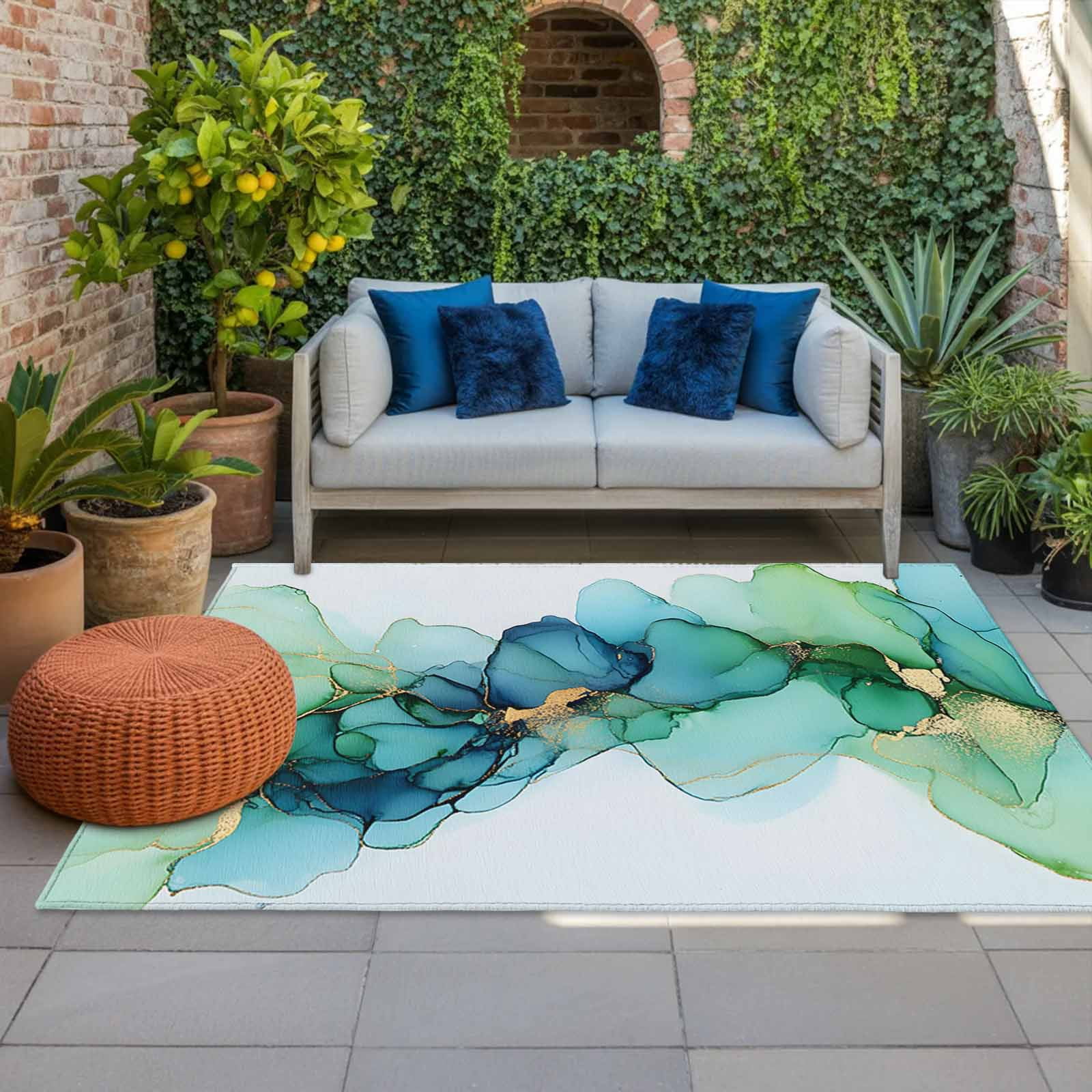 Outdoor Rug 5x8ft Abstract Ombre Green Blue Marble Large Area Rug Modern Art Indoor Outdoor Carpet Outdoor Rugs Mats for Patio Camping,RV,Front Door, Outside Decor