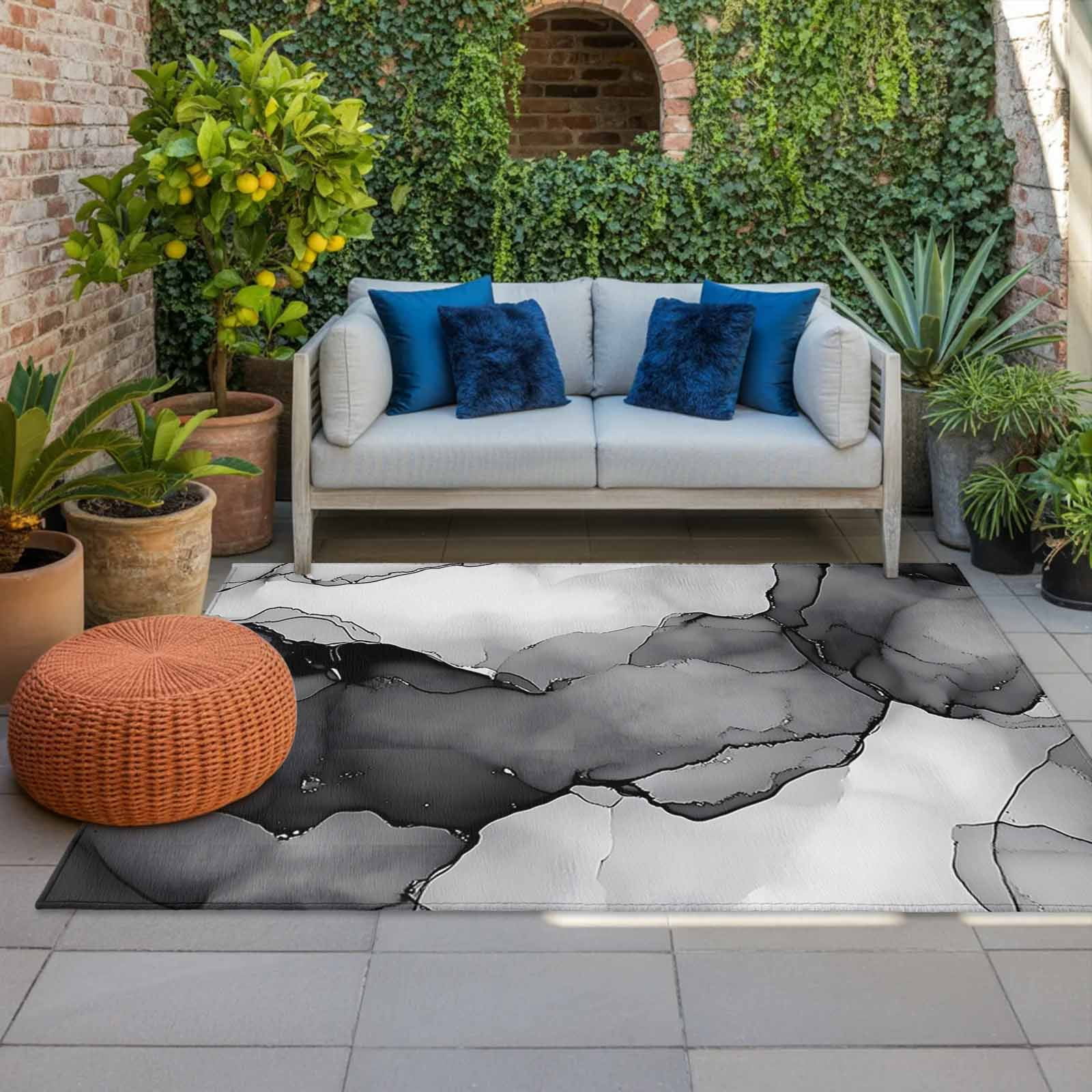 Outdoor Rug 5x8ft Abstract Ombre Grey Black Marble Large Area Rug Modern Art Indoor Outdoor Carpet Outdoor Rugs Mats for Patio Camping,RV,Front Door, Outside Decor