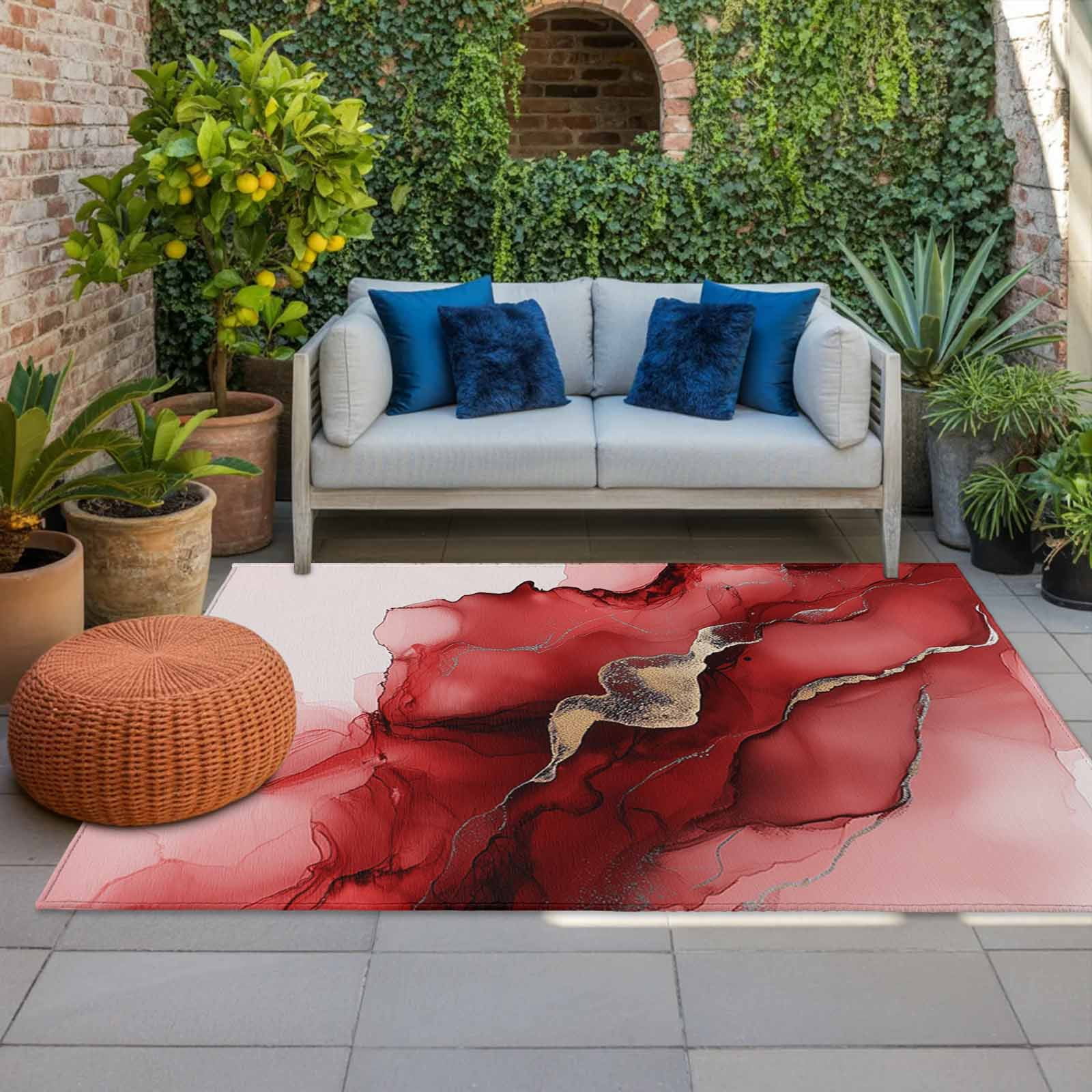 Outdoor Rug 5x8ft Abstract Ombre Red Marble Large Area Rug White Modern Art Indoor Outdoor Carpet Outdoor Rugs Mats for Patio Camping,RV,Front Door, Outside Decor