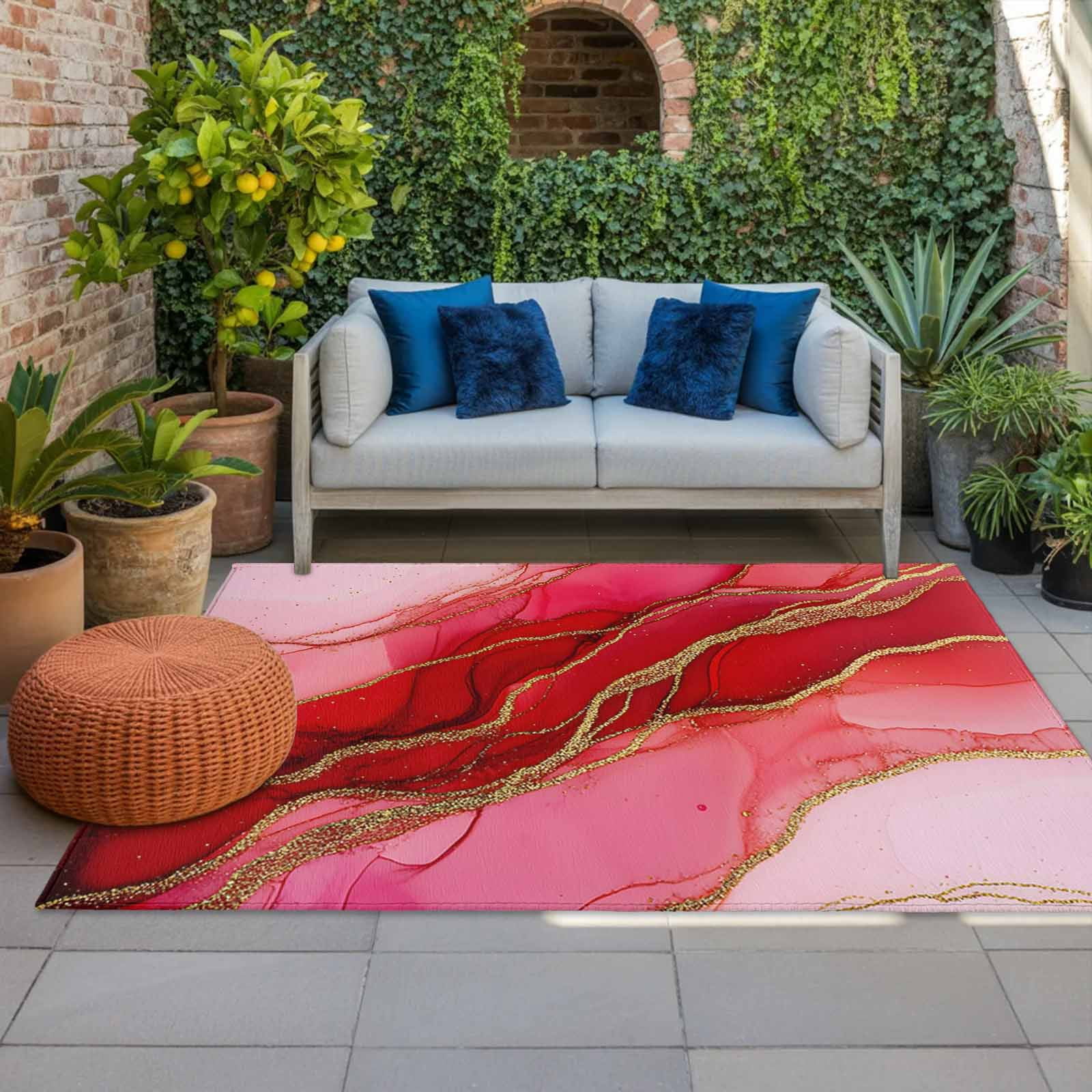 Outdoor Rug 5x8ft Abstract Ombre Red Marble Texture Large Area Rug Modern Art Indoor Outdoor Carpet Outdoor Rugs Mats for Patio Camping,RV,Front Door, Outside Decor