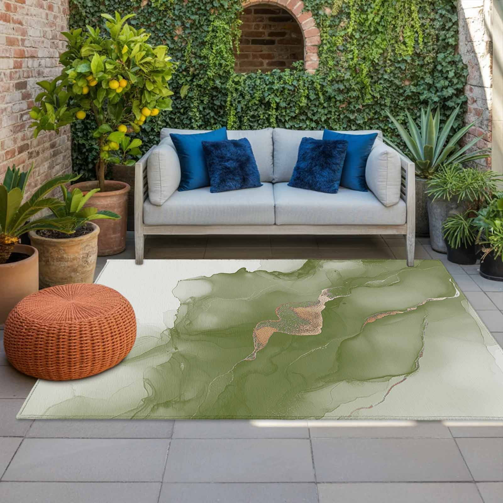 Outdoor Rug 5x8ft Abstract Ombre Sage Green Marble Large Area Rug White Modern Art Indoor Outdoor Carpet Outdoor Rugs Mats for Patio Camping,RV,Front Door, Outside Decor