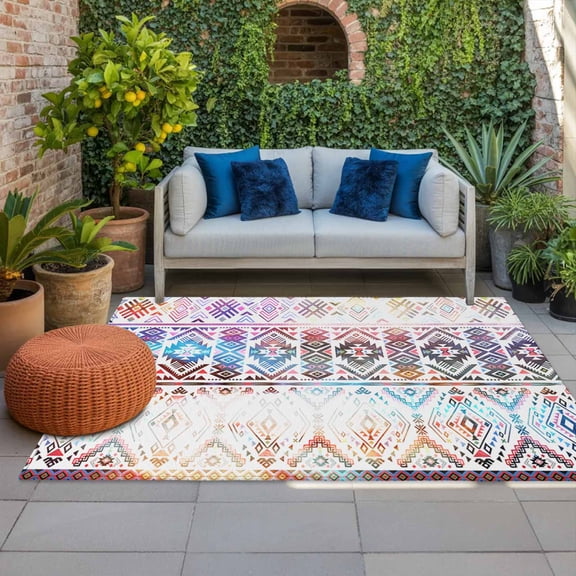 Outdoor Rug 5x8ft Aztec Folk Braid Art Large Area Rug Multicolor Ethnic Tribe Style Indoor Outdoor Carpet Outdoor Rugs Mats for Patio Camping,RV,Front Door, Outside Decor