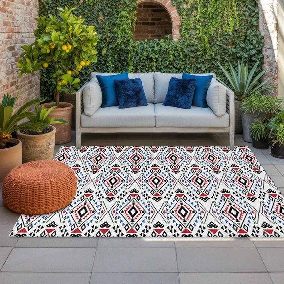 Outdoor Rug 5x8ft Aztec Tribe Style Large Area Rug Retro Ethnic Rhombic Indoor Outdoor Carpet Outdoor Rugs Mats for Patio Camping,RV,Front Door, Outside Decor