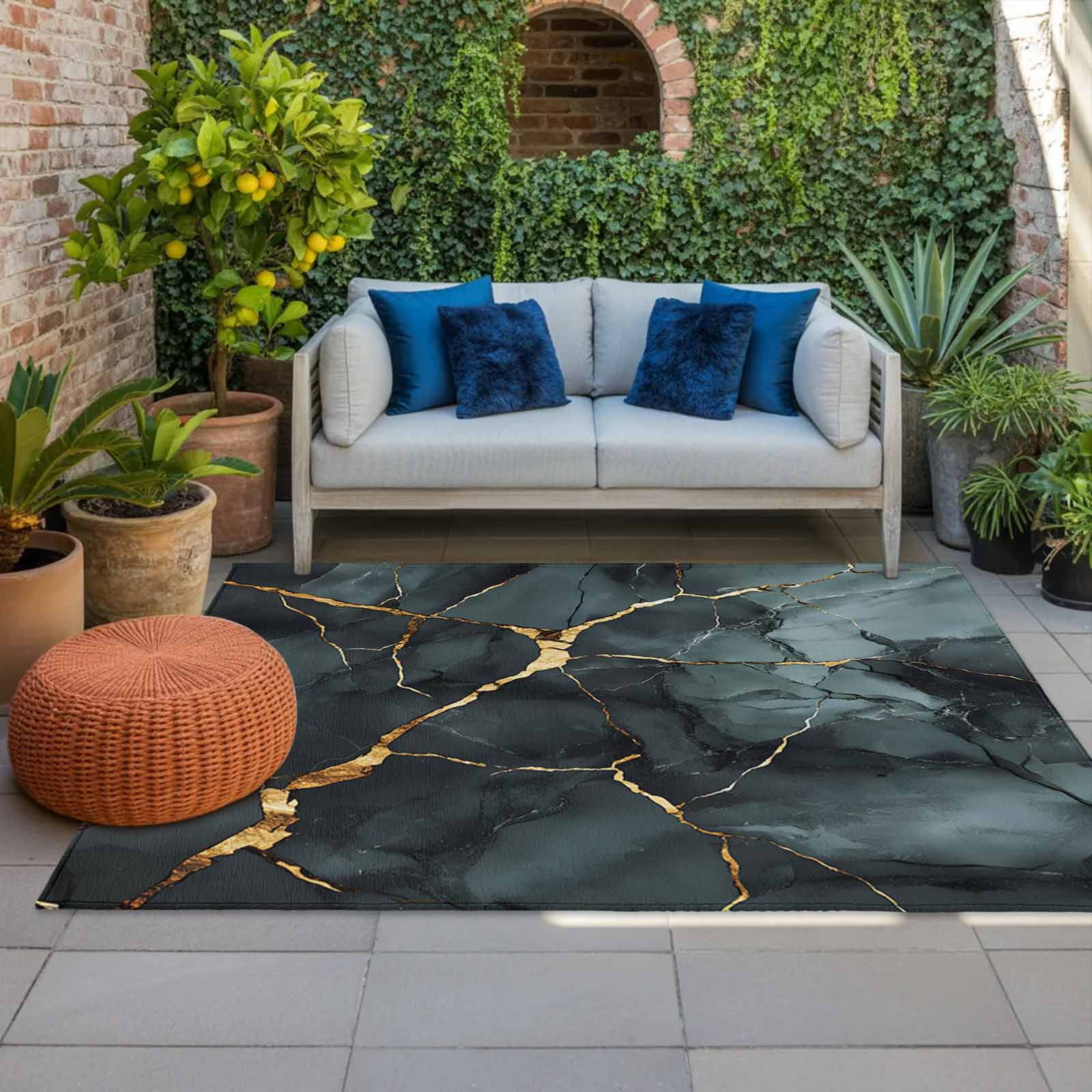 Outdoor Rug 5x8ft Blue Marble Large Area Rug Golden Ripple Indoor Outdoor Carpet Outdoor Rugs Mats for Patio Camping,RV,Front Door, Outside Decor