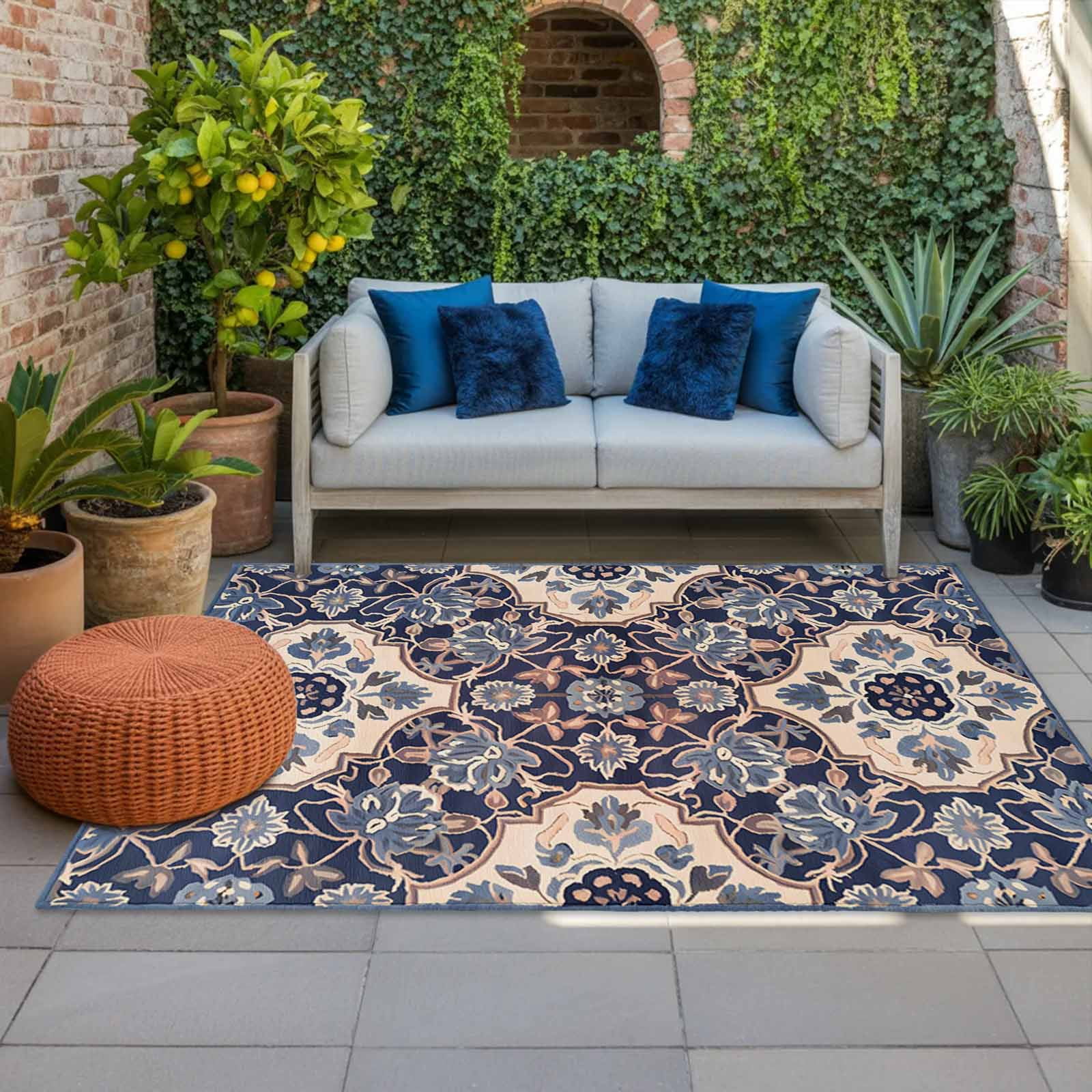 Outdoor Rug 5x8ft Bohe Abstract Gray Flowers Large Area Rug Ethnic Style Floral Indoor Outdoor Carpet Outdoor Rugs Mats for Patio Camping,RV,Front Door, Outside Decor
