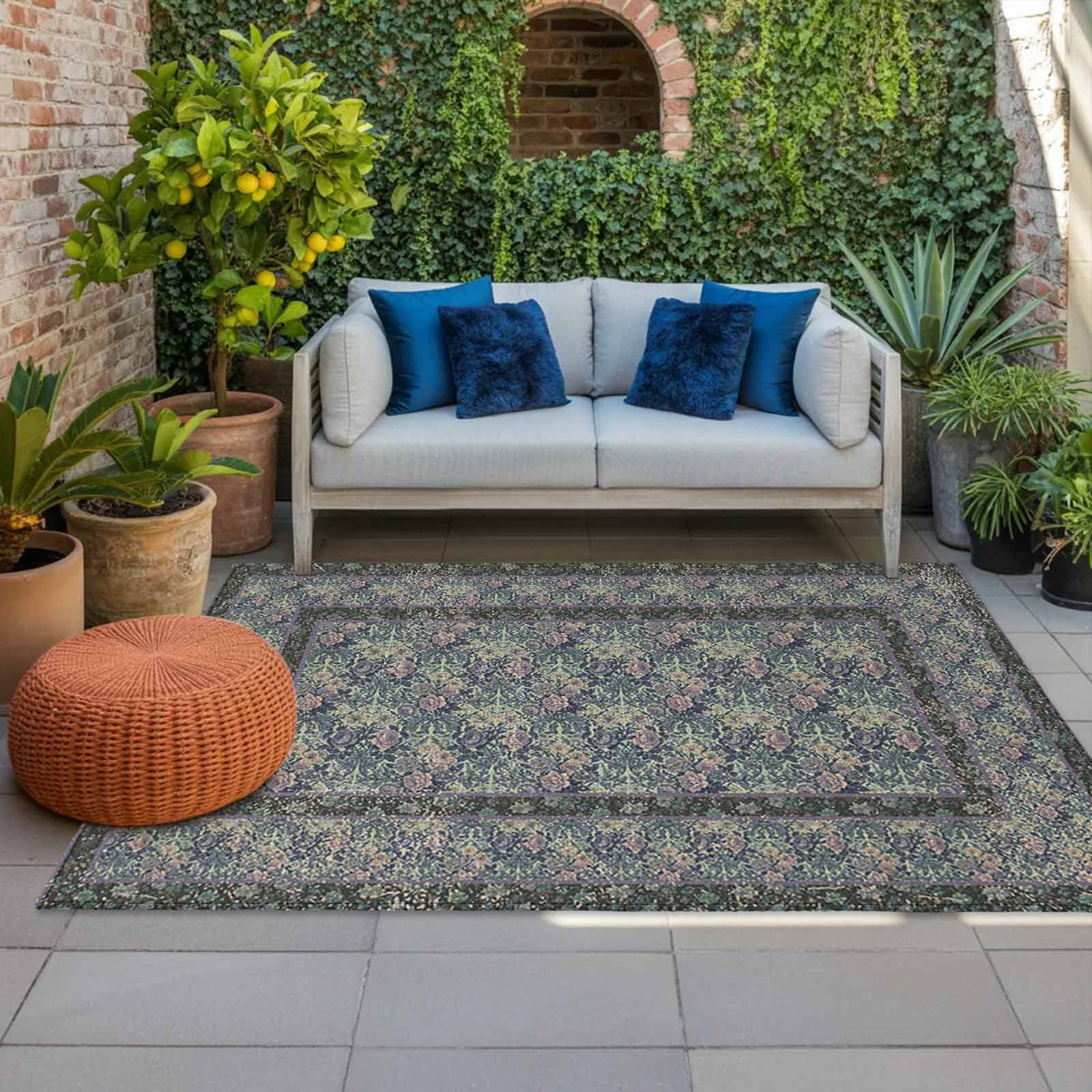 Outdoor Rug 5x8ft Boho Blue Flowers Large Area Rug Vintage Ethnic Style Texture Indoor Outdoor Carpet Outdoor Rugs Mats for Patio Camping,RV,Front Door, Outside Decor