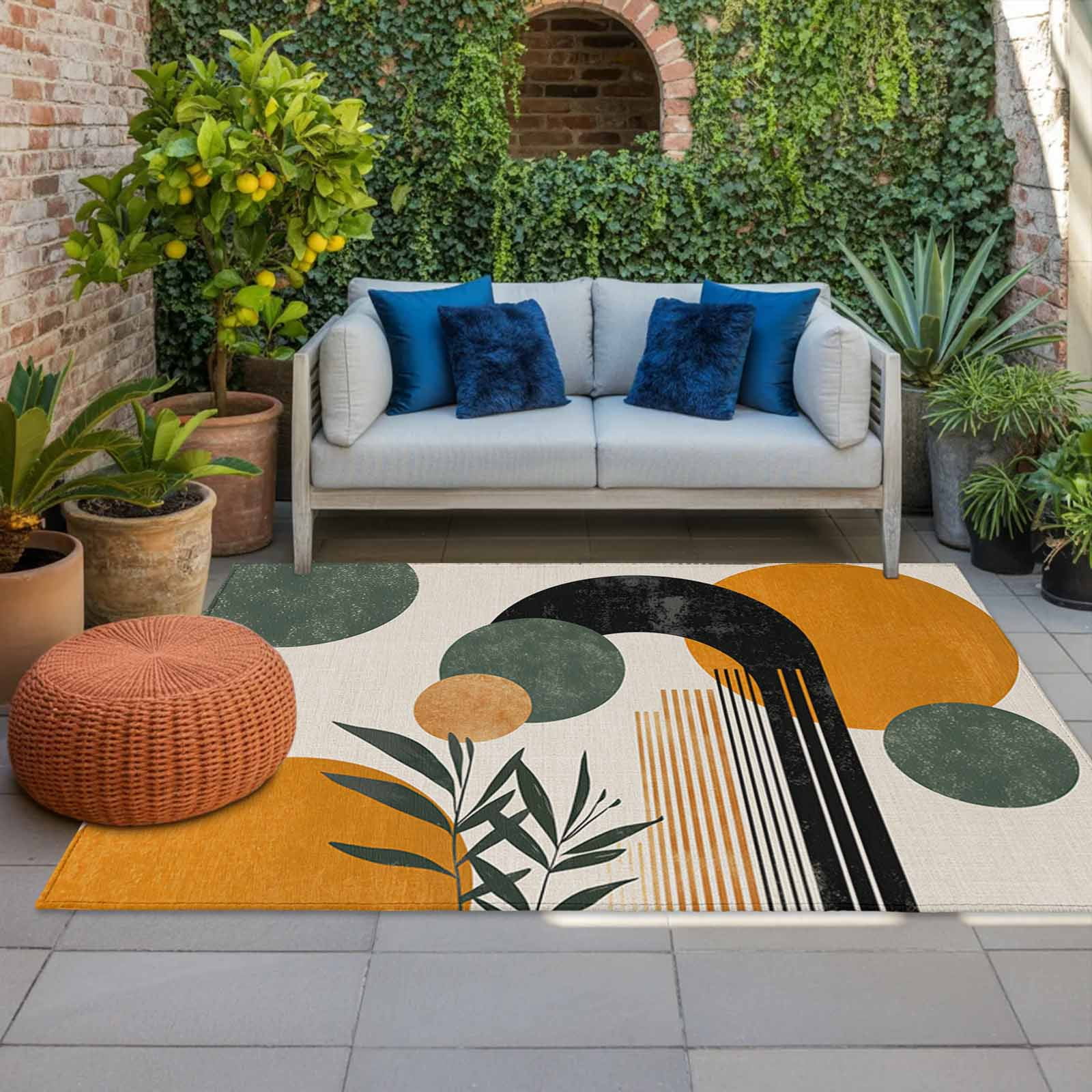 Outdoor Rug 5x8ft Boho Modern Art Plant Large Area Rug Abstract Geometric Art Indoor Outdoor Carpet Outdoor Rugs Mats for Patio Camping,RV,Front Door, Outside Decor