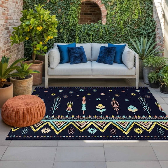 Outdoor Rug 5x8ft Ethnic Tribal Style Large Area Rug Aztec Floral Plant Blue Indoor Outdoor Carpet Outdoor Rugs Mats for Patio Camping,RV,Front Door, Outside Decor