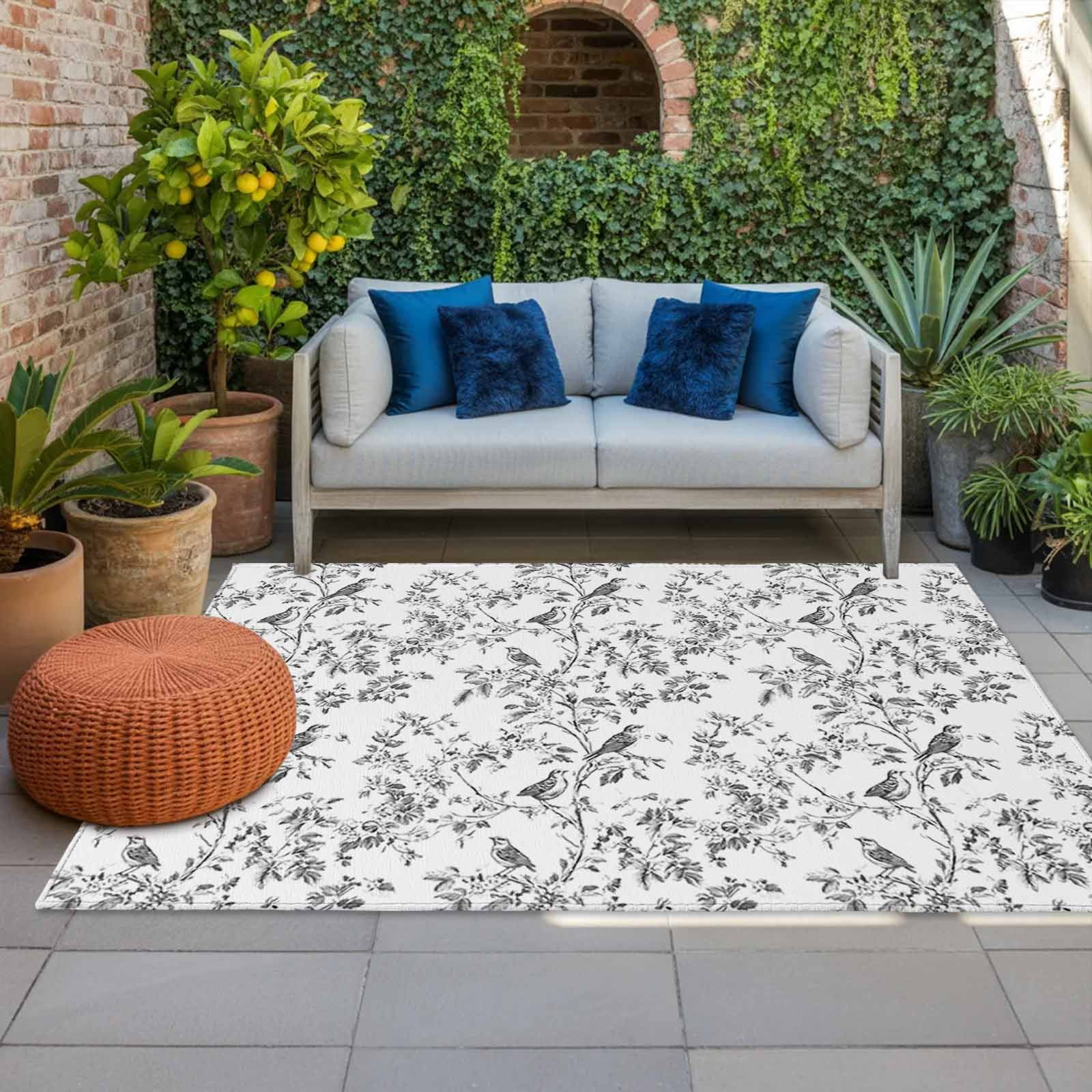Outdoor Rug 5x8ft Flower Plant Large Area Rug Floral Birds Indoor Outdoor Carpet Outdoor Rugs Mats for Patio Camping,RV,Front Door, Outside Decor