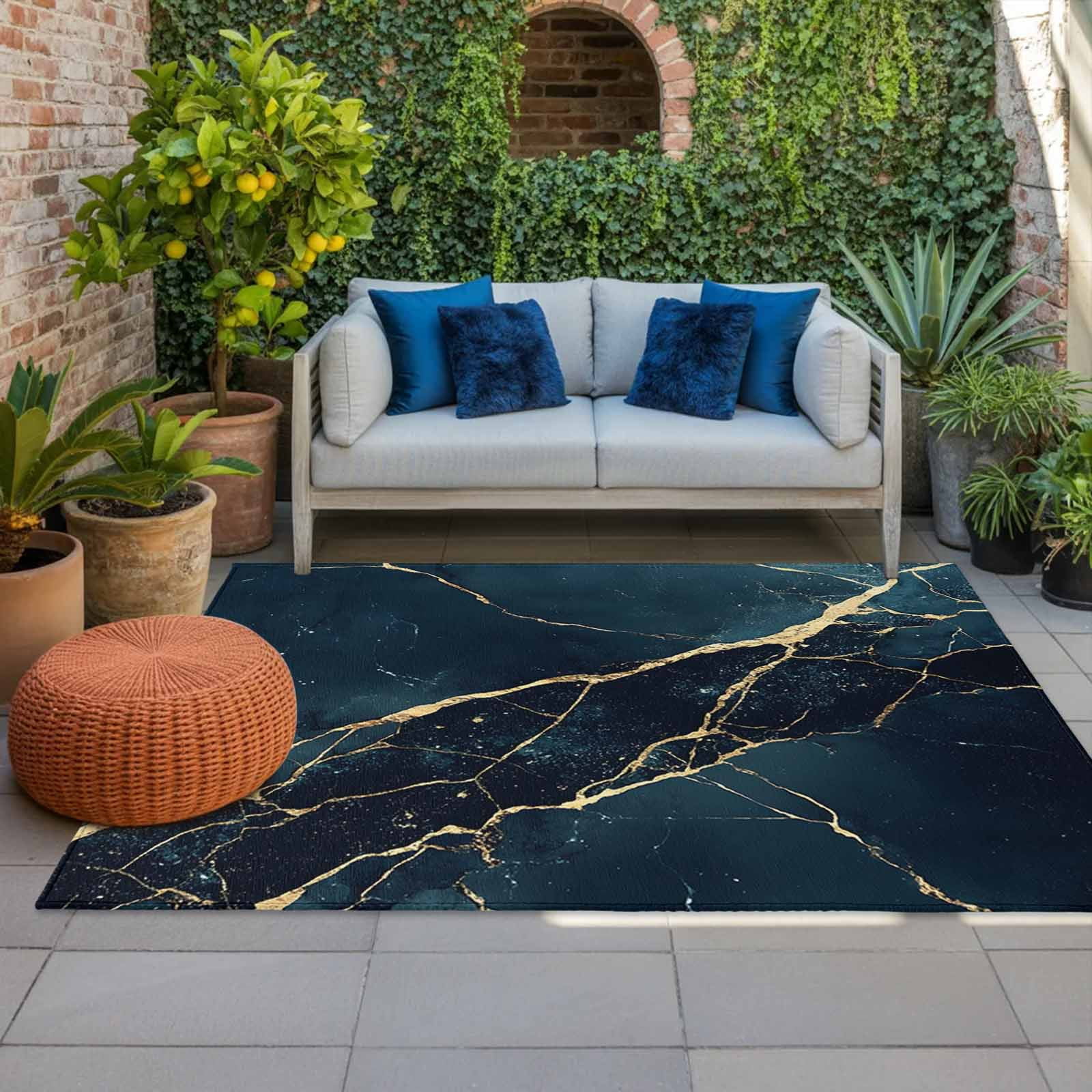 Outdoor Rug 5x8ft Green Marble Large Area Rug Golden Ripple Indoor Outdoor Carpet Outdoor Rugs Mats for Patio Camping,RV,Front Door, Outside Decor