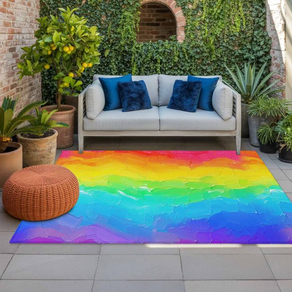 Outdoor Rug 5x8ft LGBT Ombre Rainbow Large Area Rug Oil Painting Art Indoor Outdoor Carpet Outdoor Rugs Mats for Patio Camping,RV,Front Door, Outside Decor