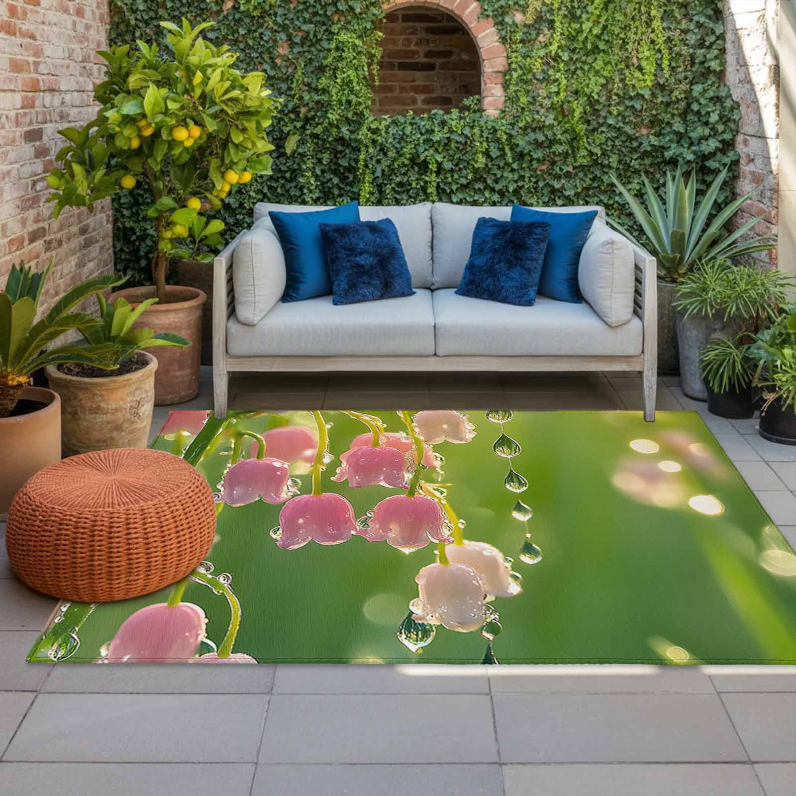 Outdoor Rug 5x8ft Lily Of The Valley Large Area Rug Dewdrop Sunlight Indoor Outdoor Carpet Outdoor Rugs Mats for Patio Camping,RV,Front Door, Outside Decor