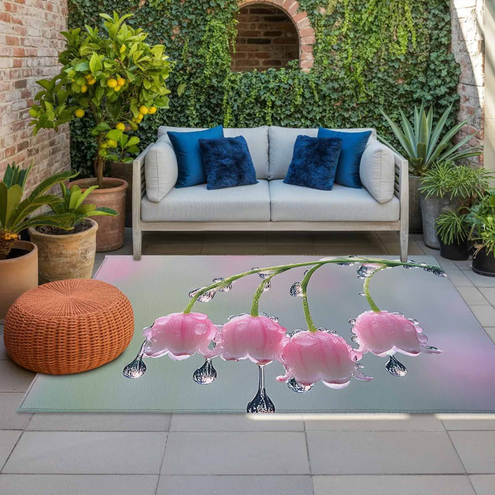 Outdoor Rug 5x8ft Lily Of The Valley Large Area Rug Pink Flower Indoor Outdoor Carpet Outdoor Rugs Mats for Patio Camping,RV,Front Door, Outside Decor