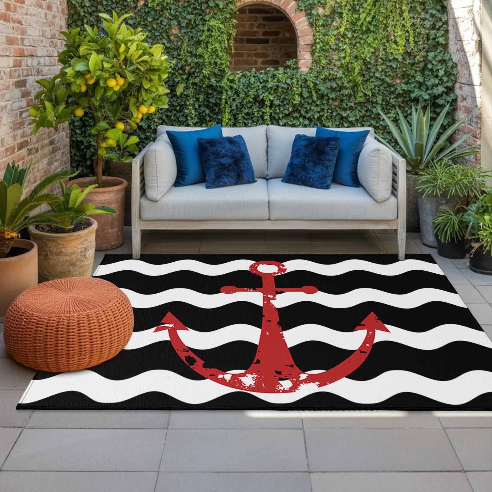 Outdoor Rug 5x8ft Nautical Anchor Large Area Rug Black and White Wave Stripes Indoor Outdoor Carpet Outdoor Rugs Mats for Patio Camping,RV,Front Door, Outside Decor