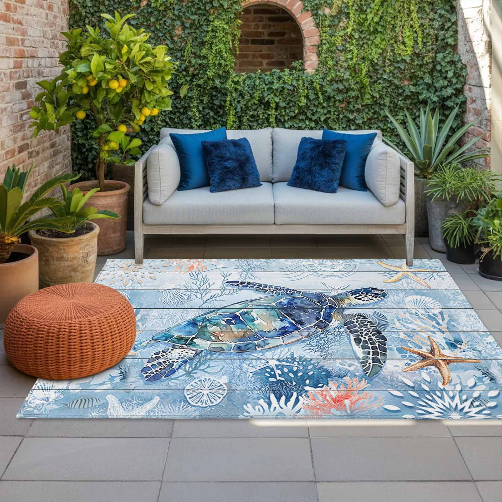 Outdoor Rug 5x8ft Ocean Turtle Starfish Large Area Rug Blue Coral ...