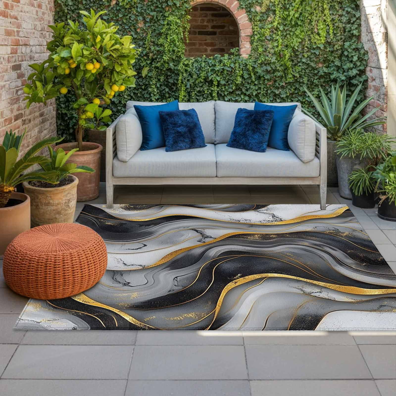 Outdoor Rug 5x8ft Ombre Black Golden Marble Texture Large Area Rug Abstract Wave Indoor Outdoor Carpet Outdoor Rugs Mats for Patio Camping,RV,Front Door, Outside Decor