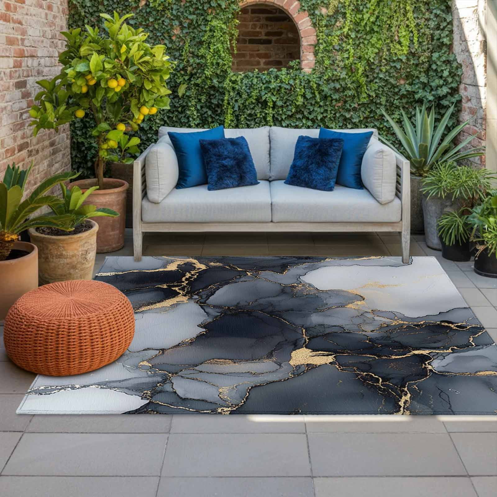 Outdoor Rug 5x8ft Ombre Black Gray Marble Texture Large Area Rug Modern Art Indoor Outdoor Carpet Outdoor Rugs Mats for Patio Camping,RV,Front Door, Outside Decor