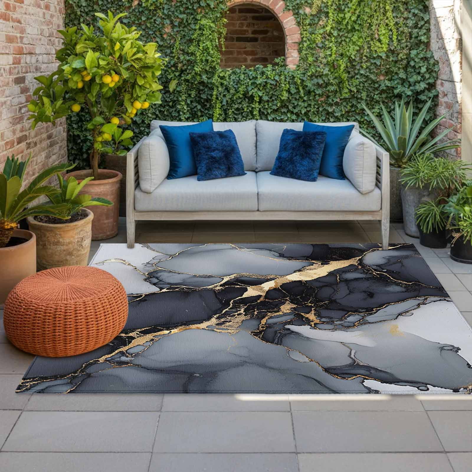 Outdoor Rug 5x8ft Ombre Black Marble Texture Large Area Rug Gold Waves Abstract Indoor Outdoor Carpet Outdoor Rugs Mats for Patio Camping,RV,Front Door, Outside Decor