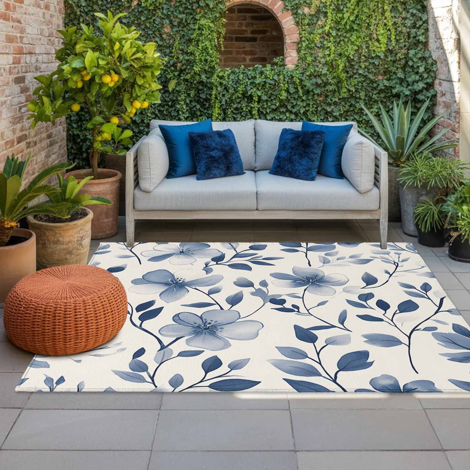 Outdoor Rug 5x8ft Ombre Blue Flowers Large Area Rug Leaf Plant Indoor Outdoor Carpet Outdoor Rugs Mats for Patio Camping,RV,Front Door, Outside Decor