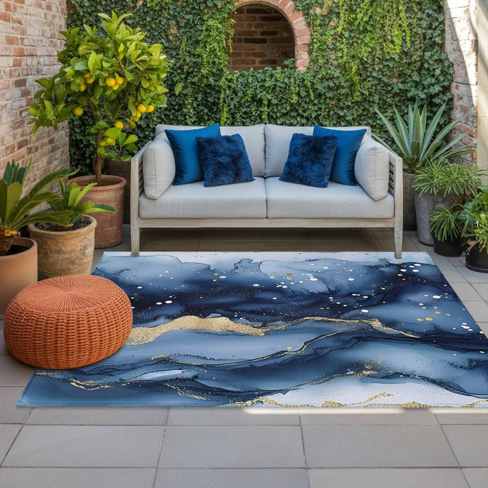 Outdoor Rug 5x8ft Ombre Blue Golden Marble Texture Large Area Rug Abstract Art Indoor Outdoor Carpet Outdoor Rugs Mats for Patio Camping,RV,Front Door, Outside Decor