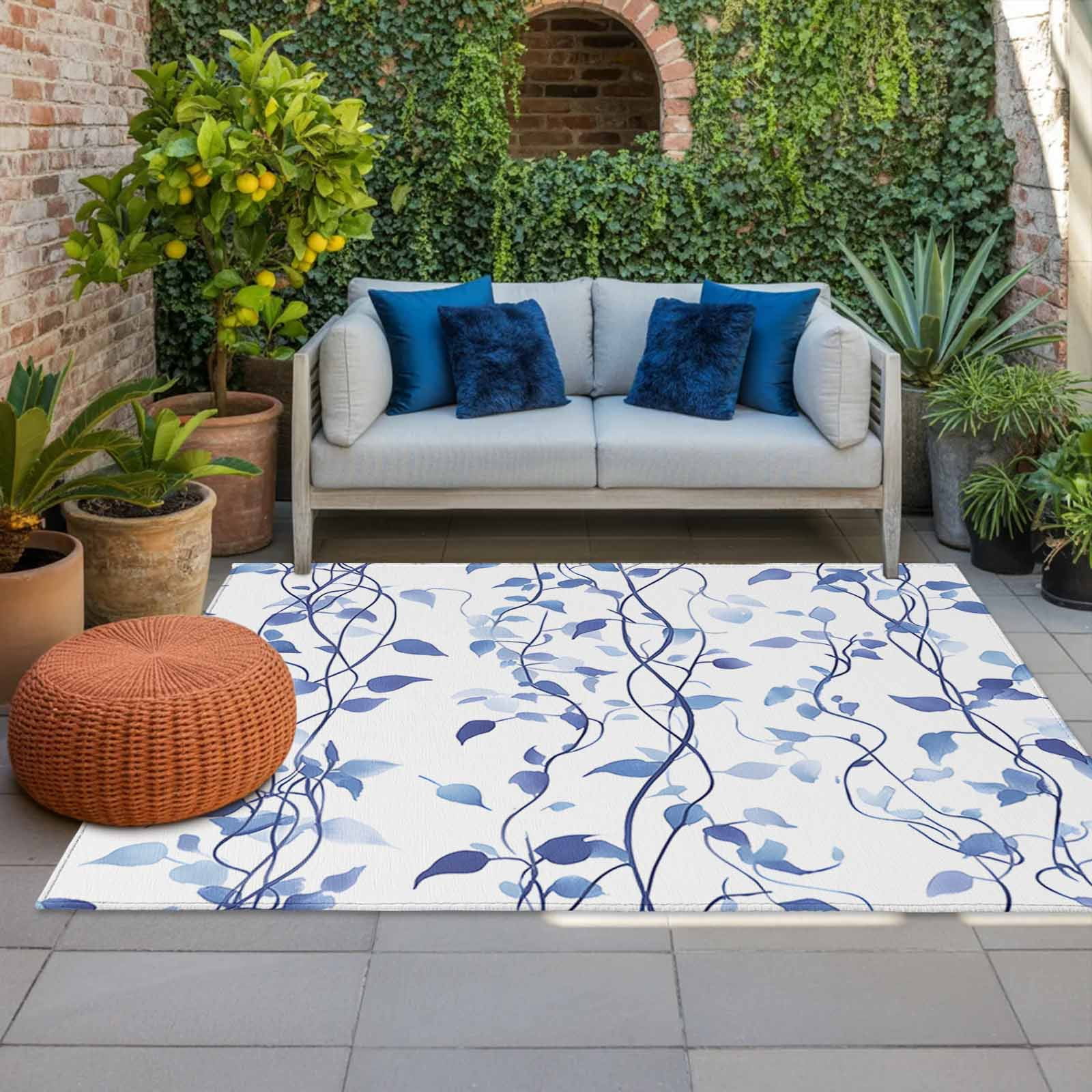 Outdoor Rug 5x8ft Ombre Blue Leaf Large Area Rug Plant Leaves Indoor Outdoor Carpet Outdoor Rugs Mats for Patio Camping,RV,Front Door, Outside Decor