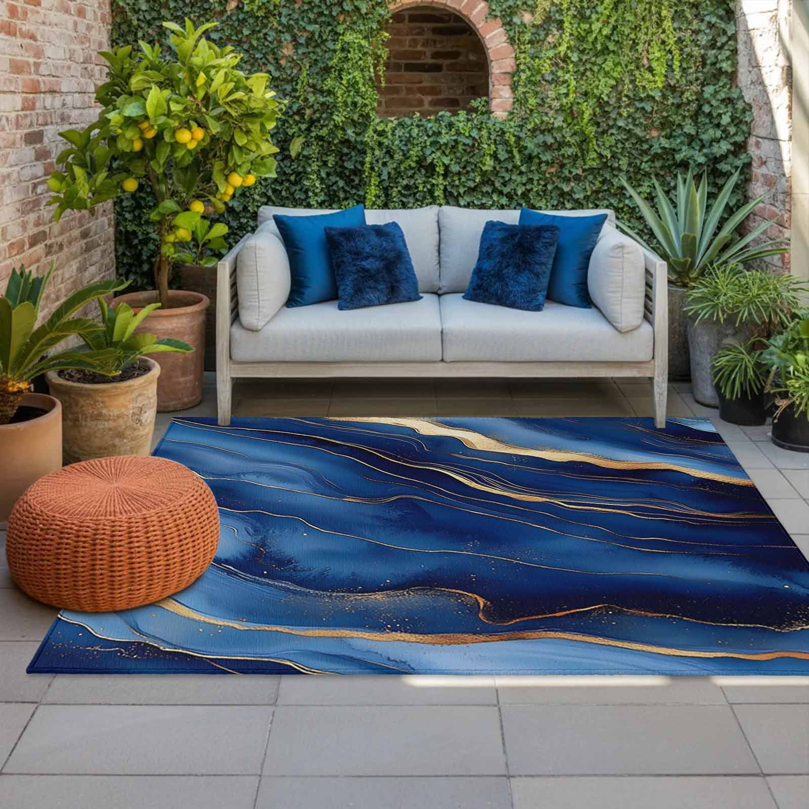Outdoor Rug 5x8ft Ombre Blue Marble Large Area Rug Abstract Art Indoor Outdoor Carpet Outdoor Rugs Mats for Patio Camping,RV,Front Door, Outside Decor