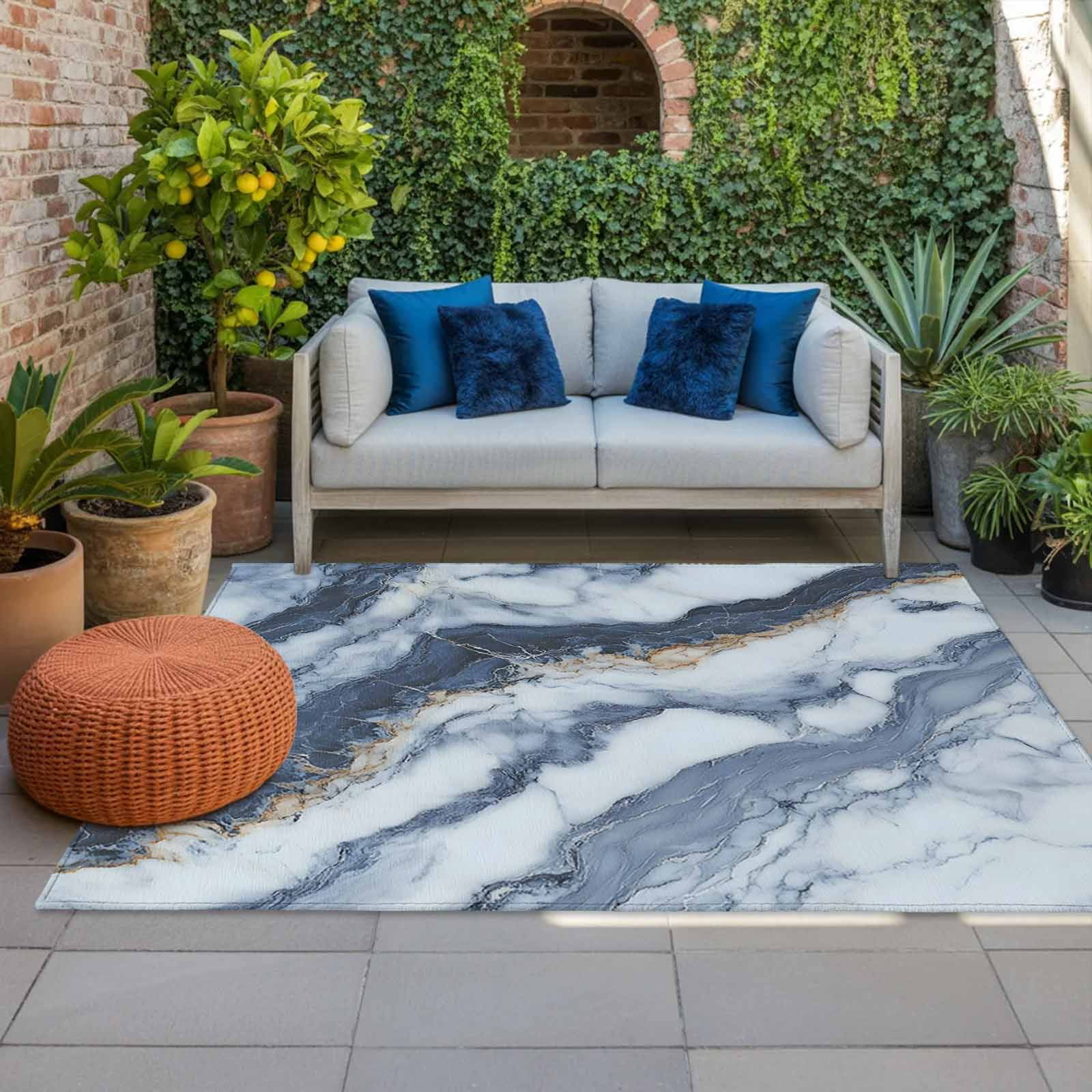 Outdoor Rug 5x8ft Ombre Blue White Marble Texture Large Area Rug Modern Art Indoor Outdoor Carpet Outdoor Rugs Mats for Patio Camping,RV,Front Door, Outside Decor