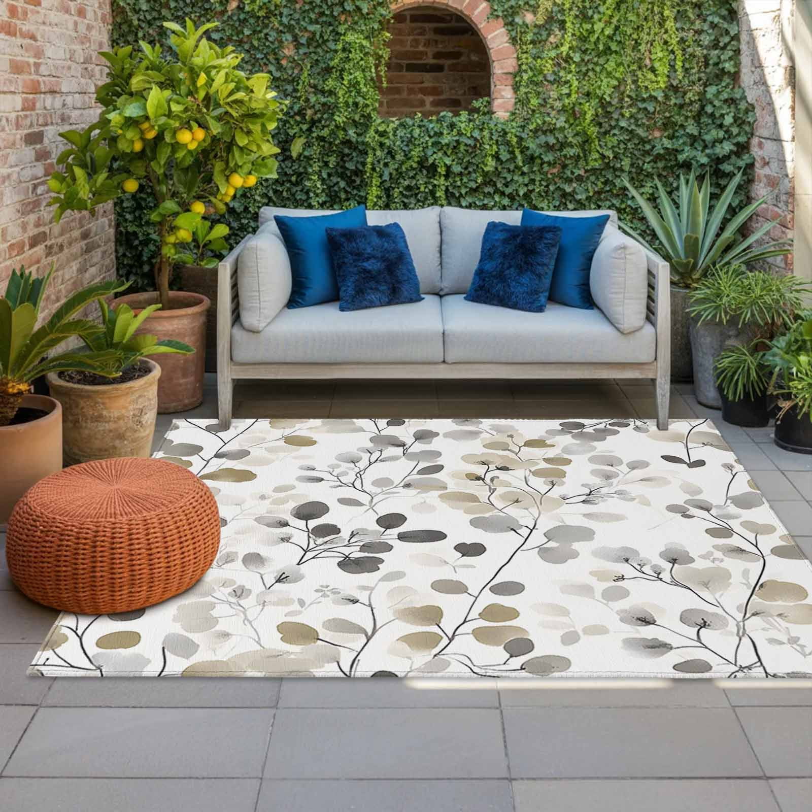 Outdoor Rug 5x8ft Ombre Brown Floral Large Area Rug Leaves Plant Indoor Outdoor Carpet Outdoor Rugs Mats for Patio Camping,RV,Front Door, Outside Decor