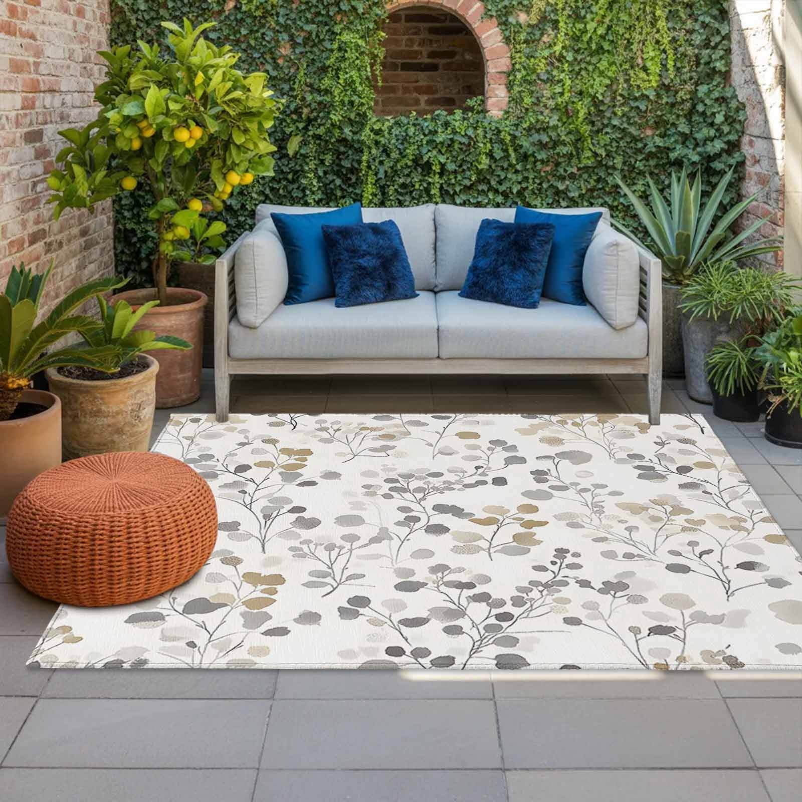 Outdoor Rug 5x8ft Ombre Gray Floral Large Area Rug Watercolor Leaves Plant Indoor Outdoor Carpet Outdoor Rugs Mats for Patio Camping,RV,Front Door, Outside Decor