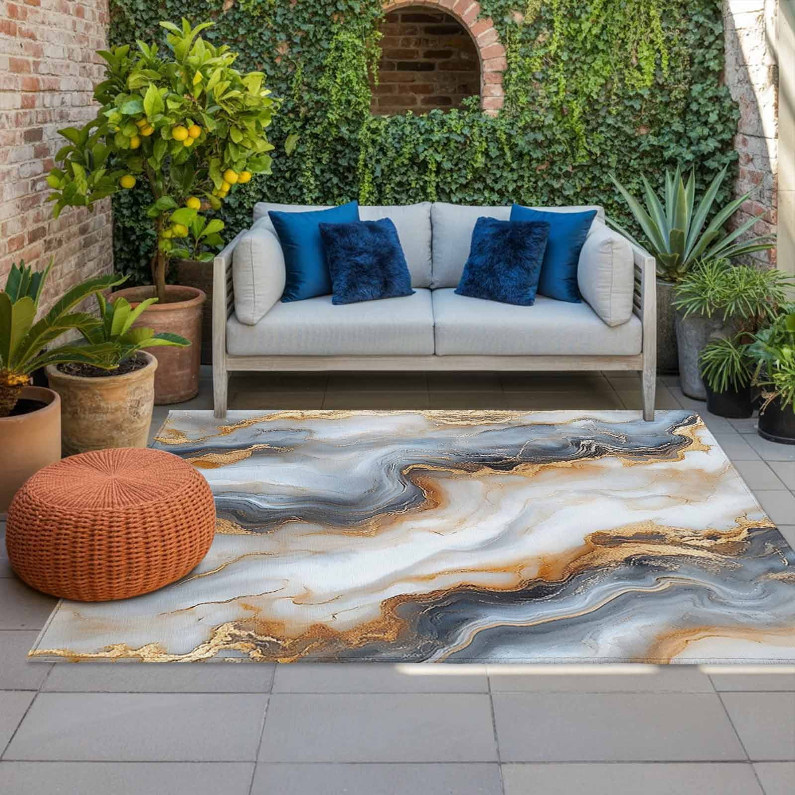 Outdoor Rug 5x8ft Ombre Gray Golden Marble Texture Large Area Rug Abstract Art Indoor Outdoor Carpet Outdoor Rugs Mats for Patio Camping,RV,Front Door, Outside Decor