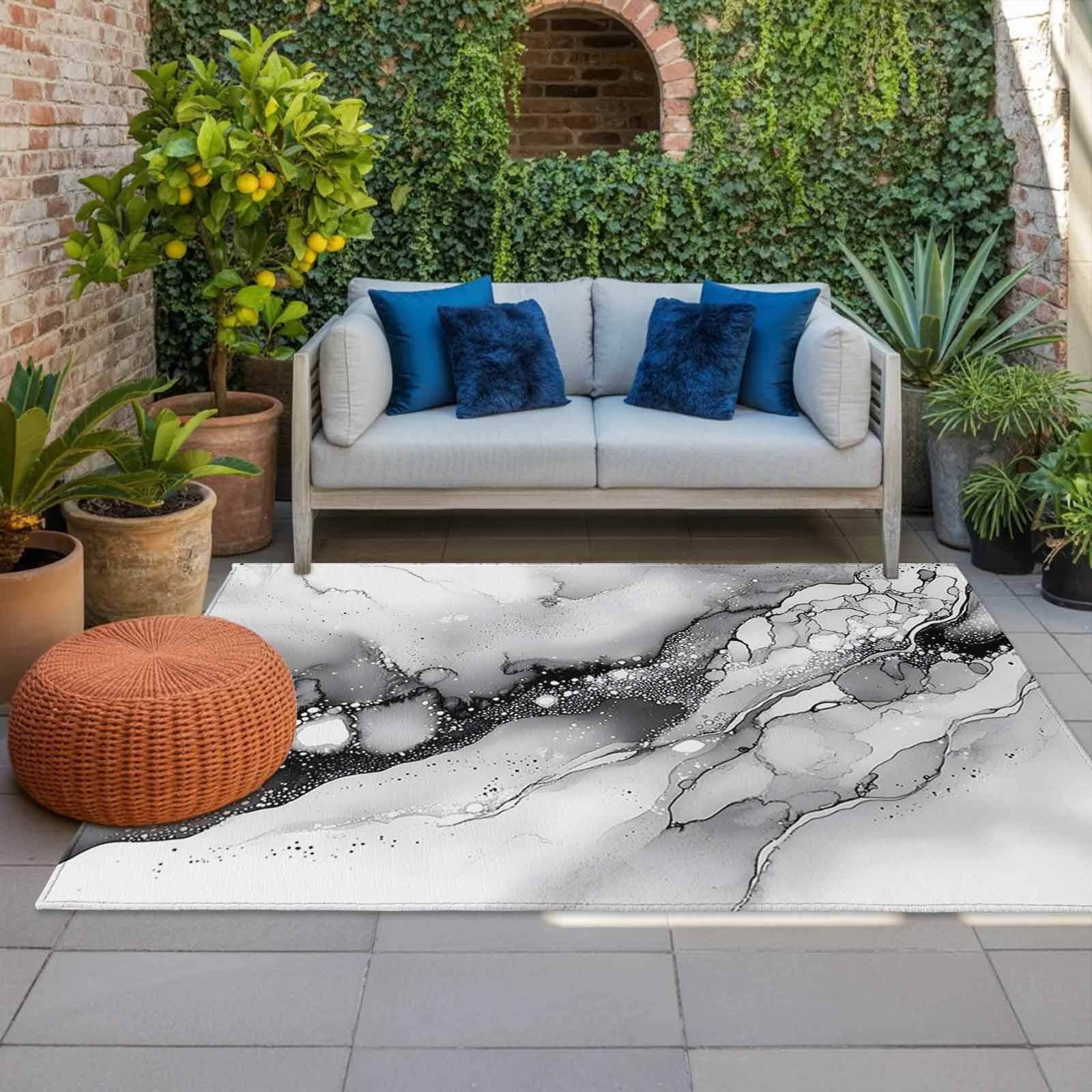 Outdoor Rug 5x8ft Ombre Gray Marble Texture Large Area Rug Abstract Style Indoor Outdoor Carpet Outdoor Rugs Mats for Patio Camping,RV,Front Door, Outside Decor