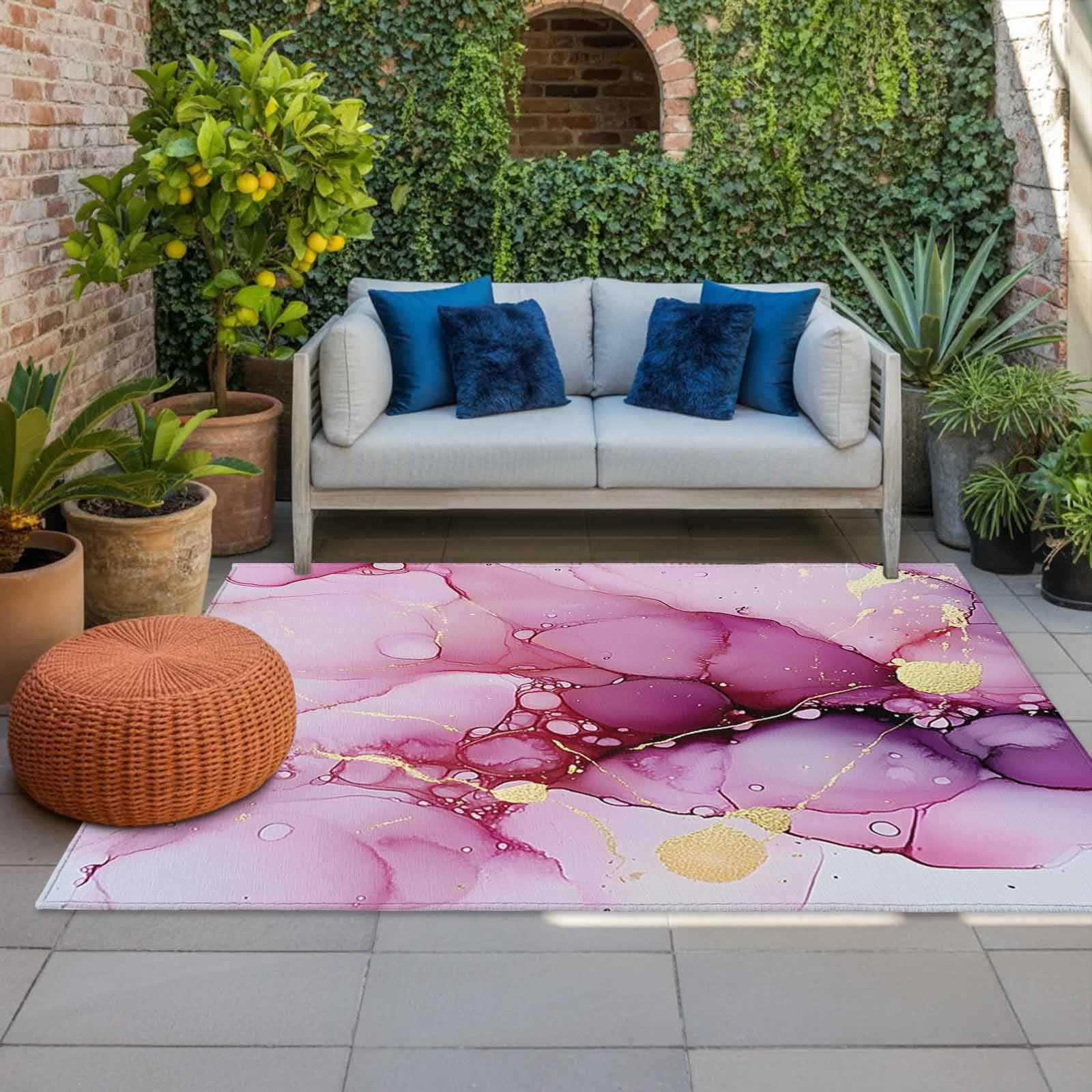 Outdoor Rug 5x8ft Ombre Pink Golden Marble Texture Large Area Rug Abstract Art Indoor Outdoor Carpet Outdoor Rugs Mats for Patio Camping,RV,Front Door, Outside Decor