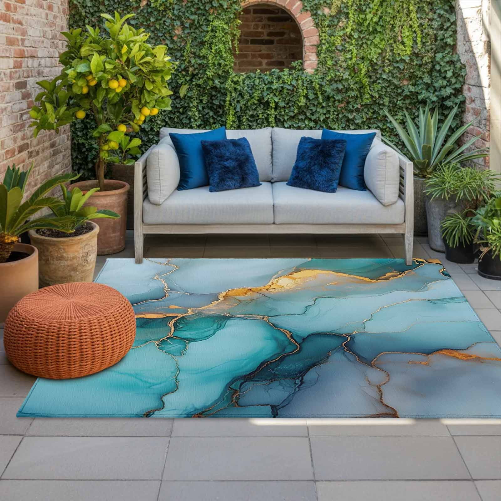 Outdoor Rug 5x8ft Ombre Turquoise Golden Marble Large Area Rug Modern Art Indoor Outdoor Carpet Outdoor Rugs Mats for Patio Camping,RV,Front Door, Outside Decor