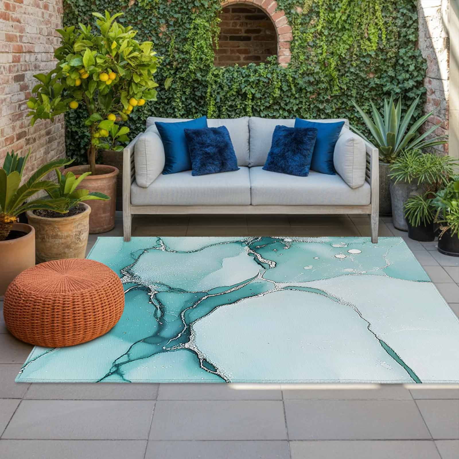Outdoor Rug 5x8ft Ombre Turquoise White Marble Texture Large Area Rug Abstract Art Indoor Outdoor Carpet Outdoor Rugs Mats for Patio Camping,RV,Front Door, Outside Decor