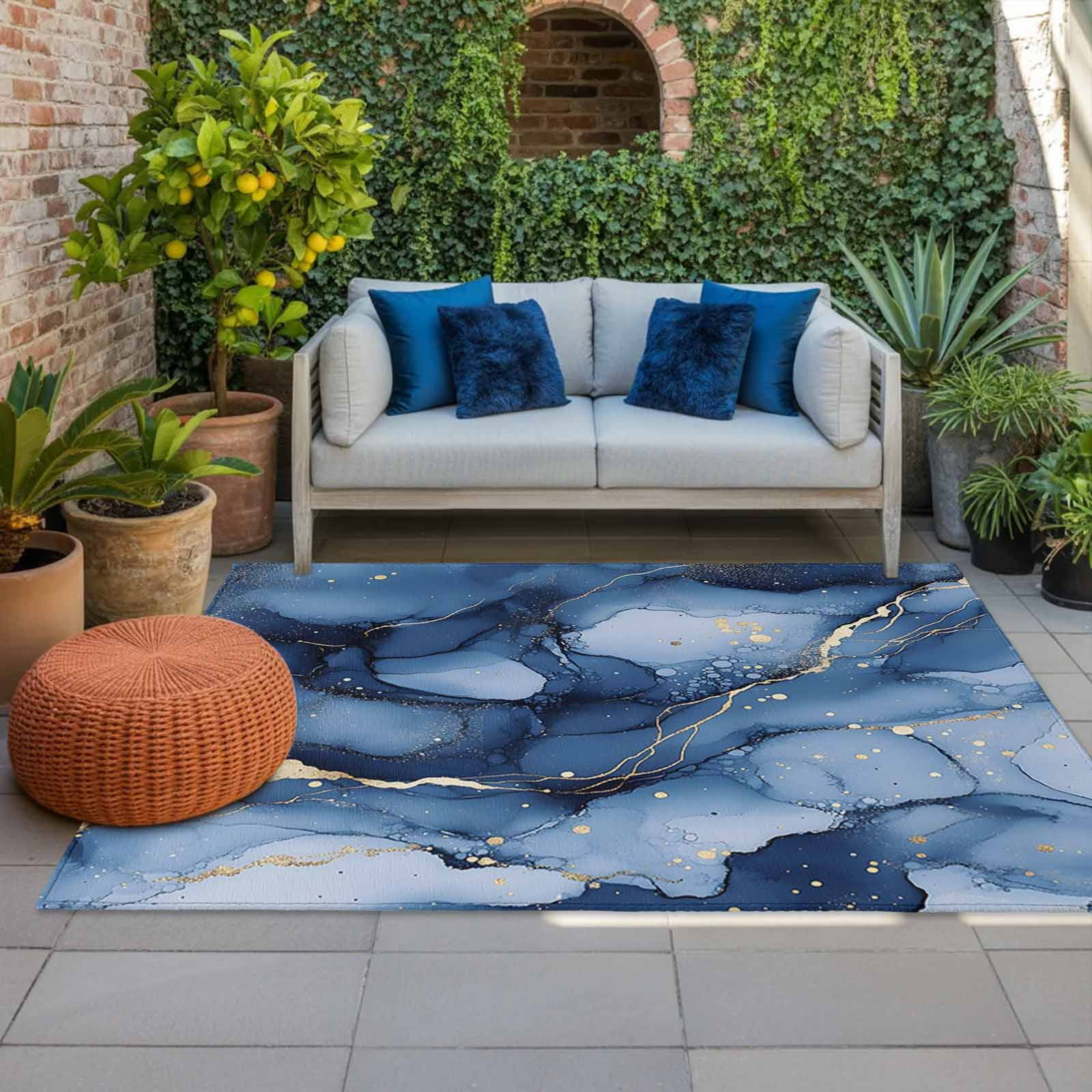 Outdoor Rug 5x8ft Onbre Blue Golden Marble Texture Large Area Rug Abstract Modern Art Indoor Outdoor Carpet Outdoor Rugs Mats for Patio Camping,RV,Front Door, Outside Decor