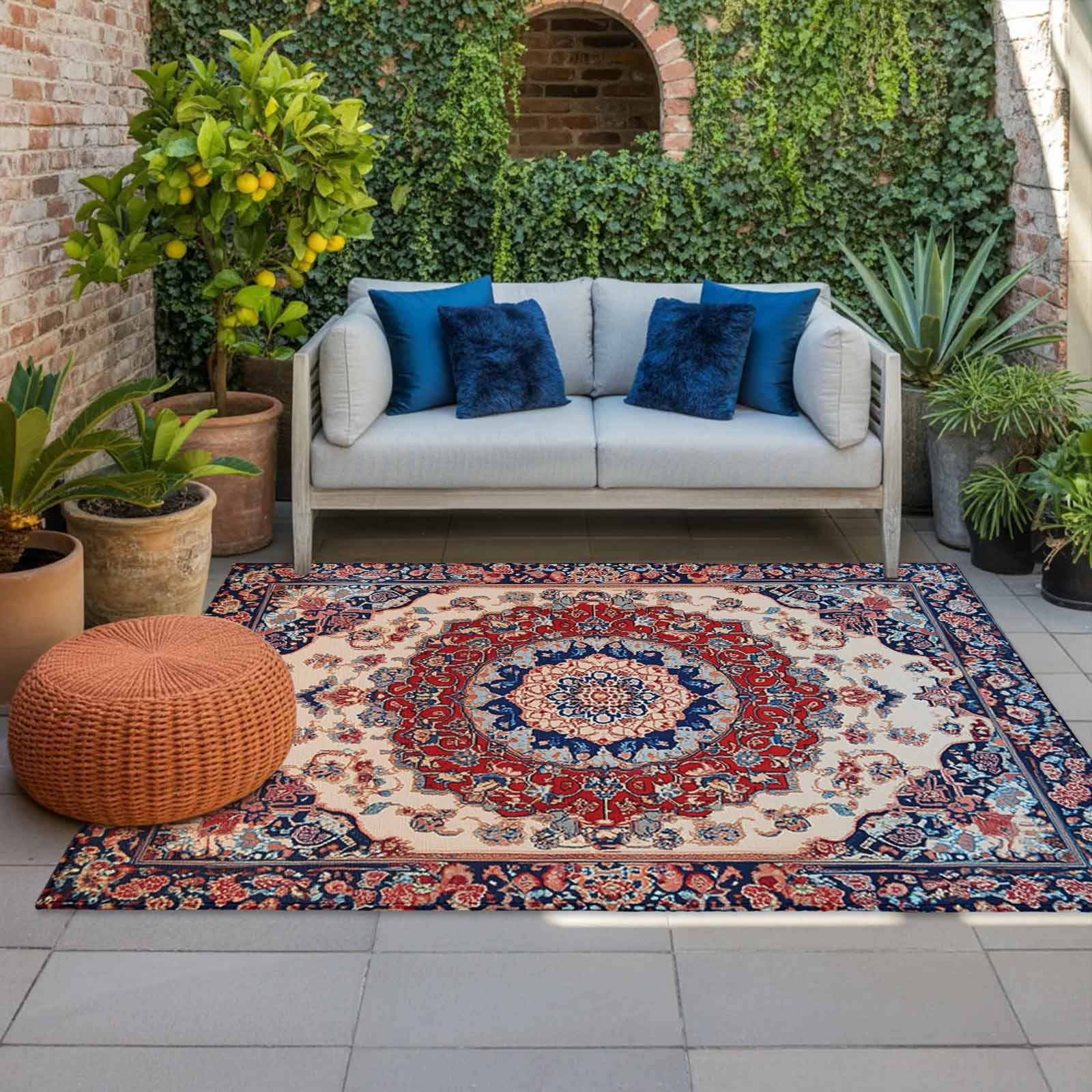 Outdoor Rug 5x8ft Oriental Medallion Large Area Rug Retro Accent Indoor Outdoor Carpet Outdoor Rugs Mats for Patio Camping,RV,Front Door, Outside Decor