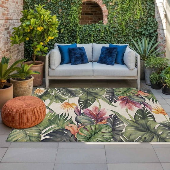 Outdoor Rug 5x8ft Palm Tree Leaves Branch Large Area Rug Plant Nature Indoor Outdoor Carpet Outdoor Rugs Mats for Patio Camping,RV,Front Door, Outside Decor
